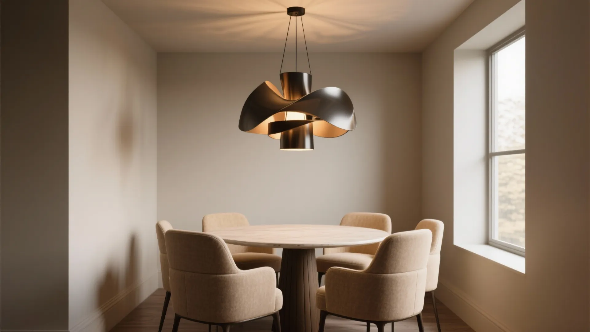 3. Beige Upholstery + Statement Lighting