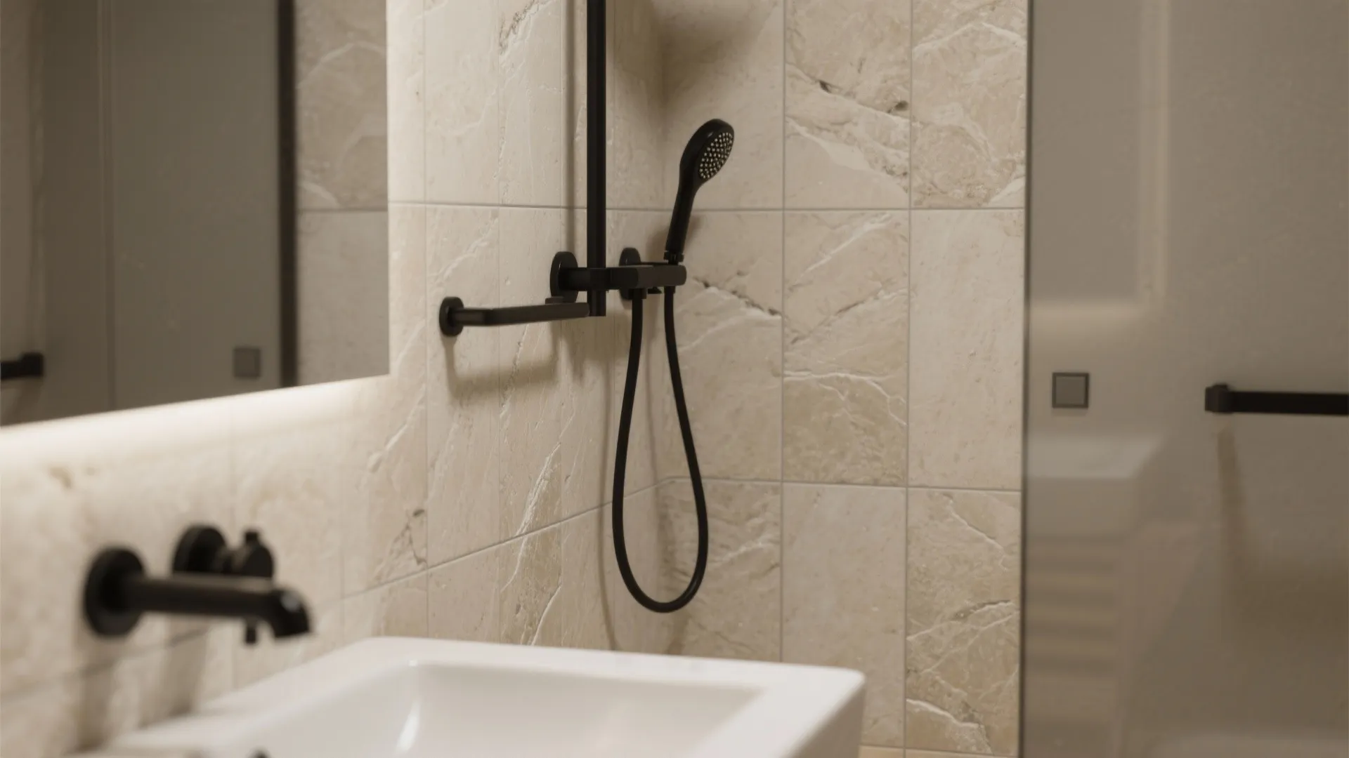 Modern bathroom interior featuring beige stone wall tiles, black shower fixture, white sink, and mirror