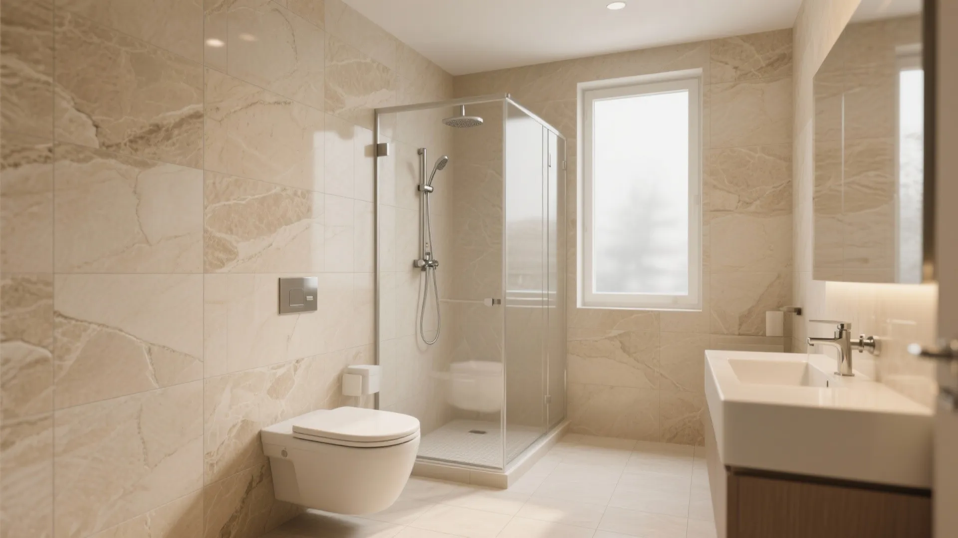 Warm beige stone-look with matte floors