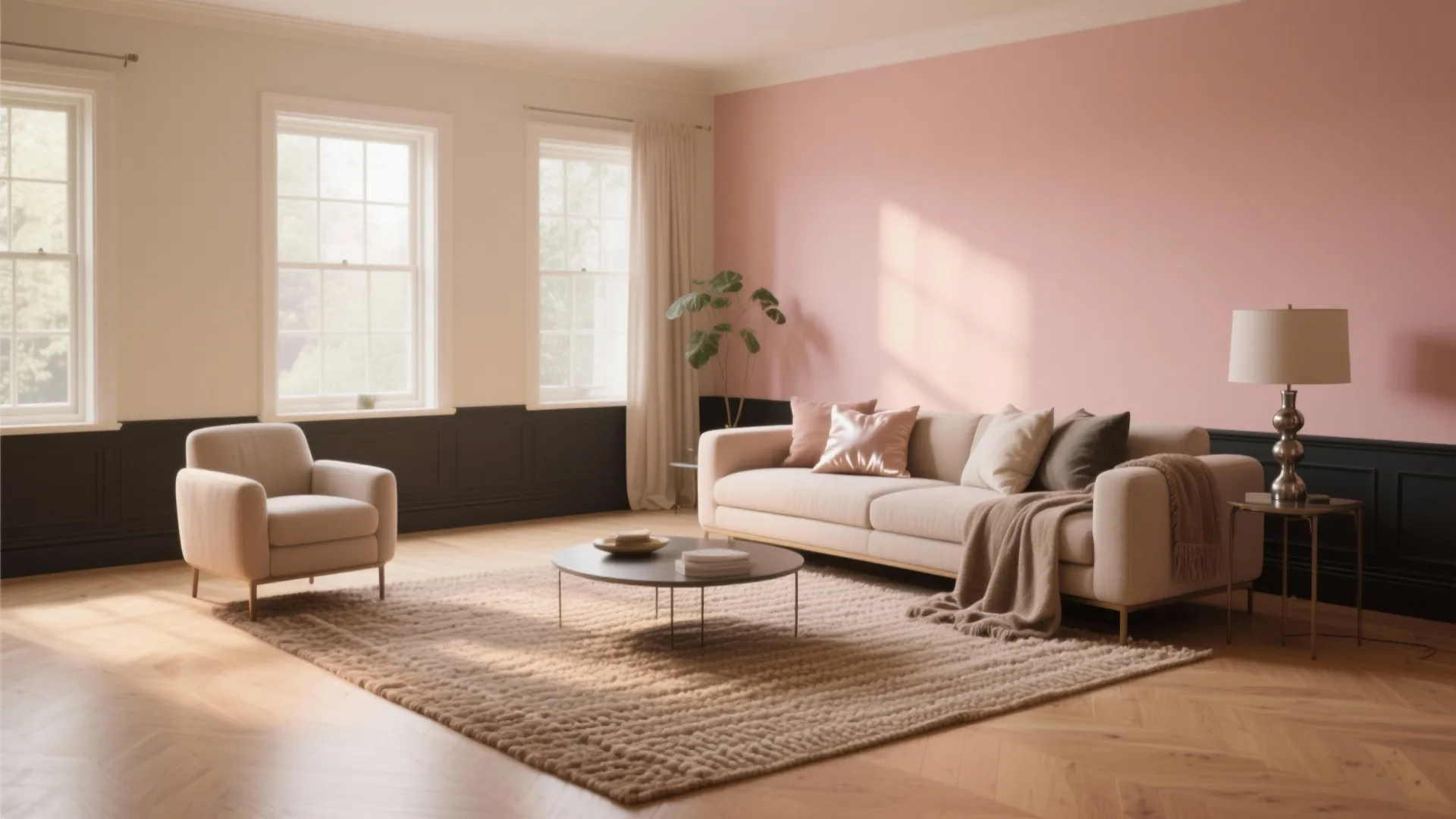 Modern living room with pink wall, cream sofa, arm chair, coffee table, and large windows