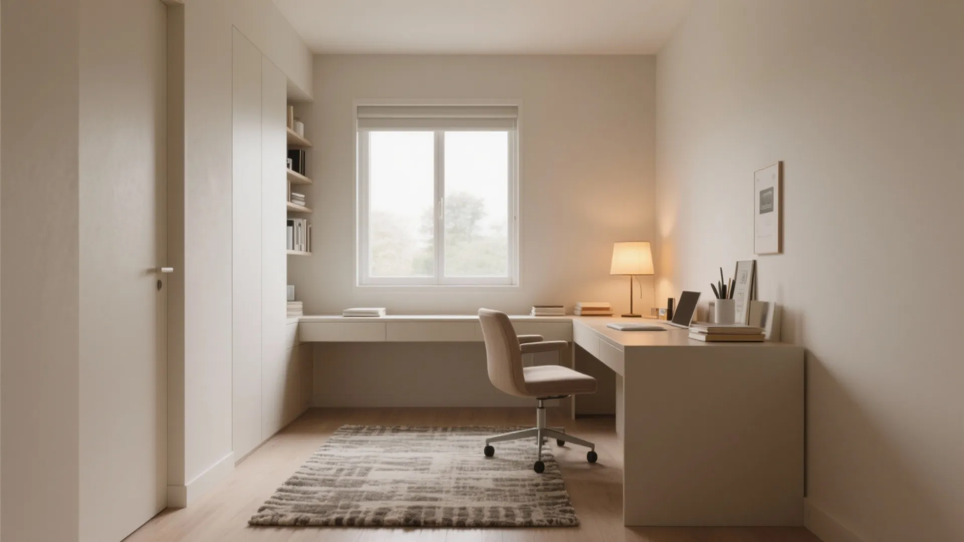 Minimalist beige home office featuring corner desk, window, soft rug, and warm light table lamp