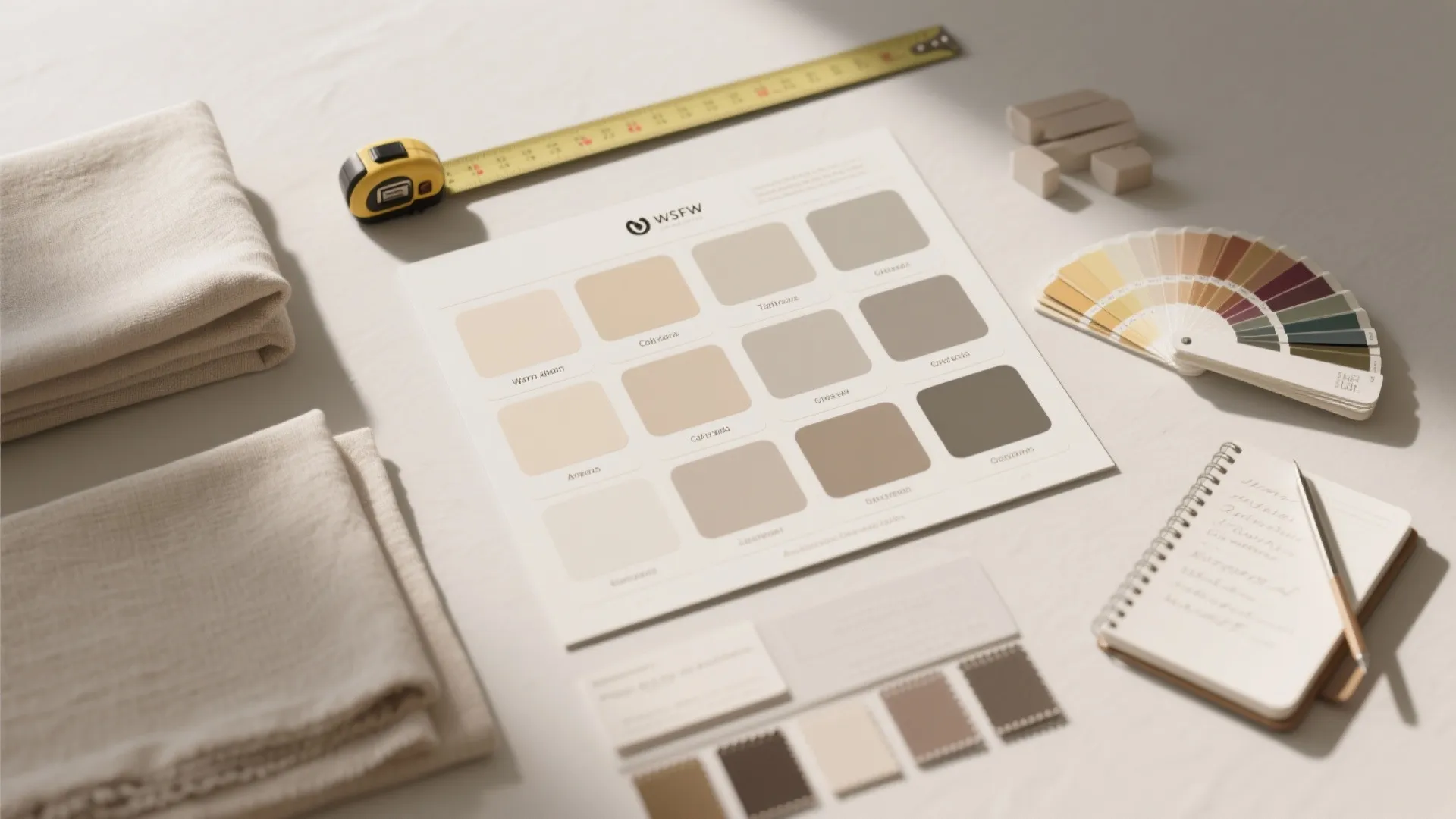 Interior design mood board with beige paint swatches fabric samples measuring tape and colorful fan