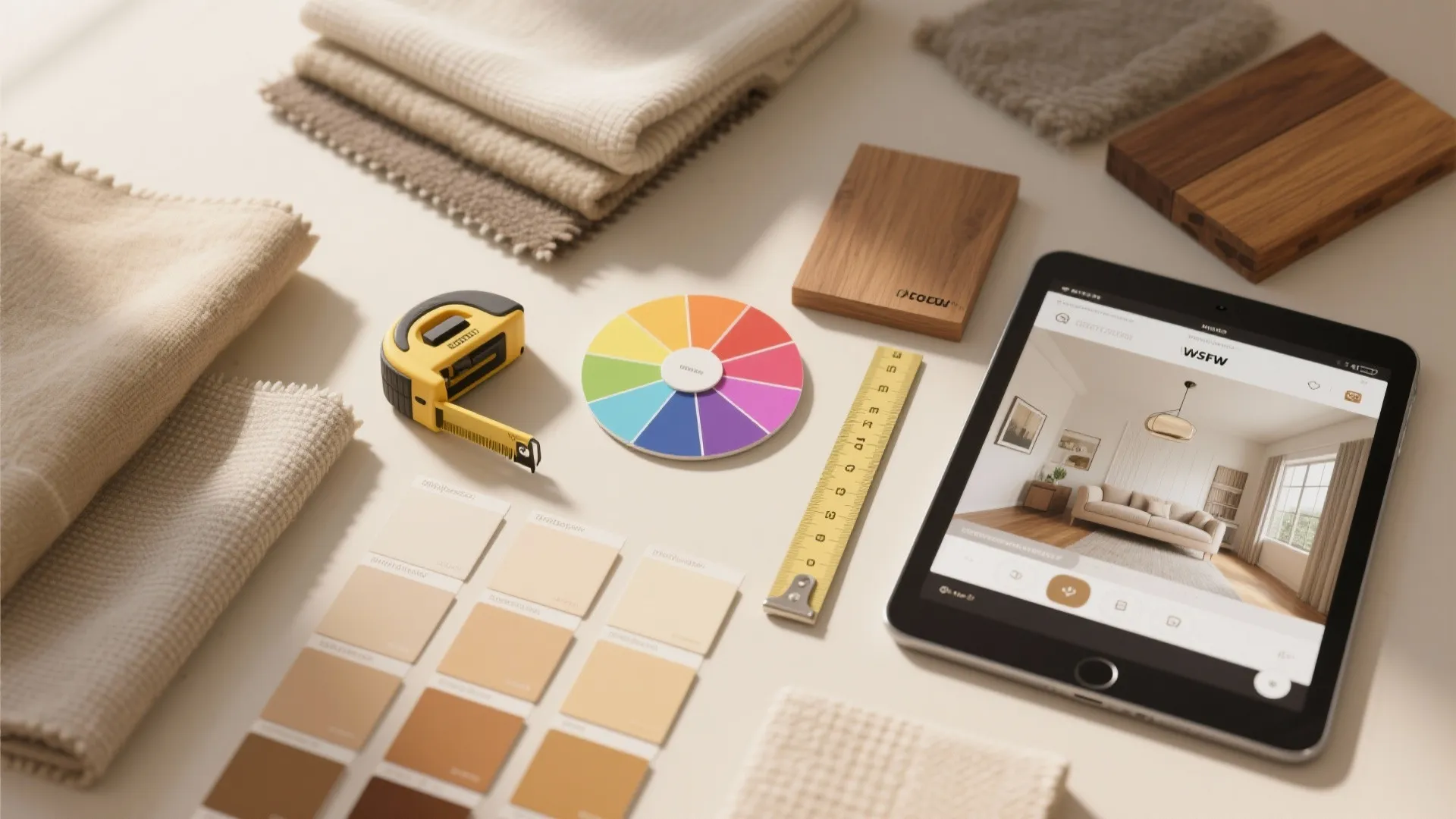 Interior design materials including color wheel tape measure wood samples and tablet showing room layout