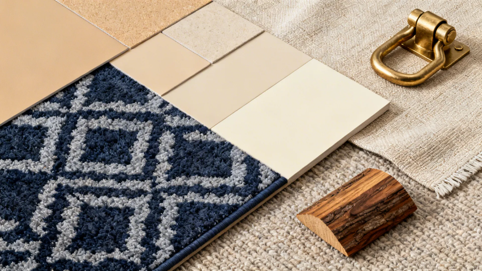 Flatlay of layered beige swatches and a navy patterned rug sample with material chips.