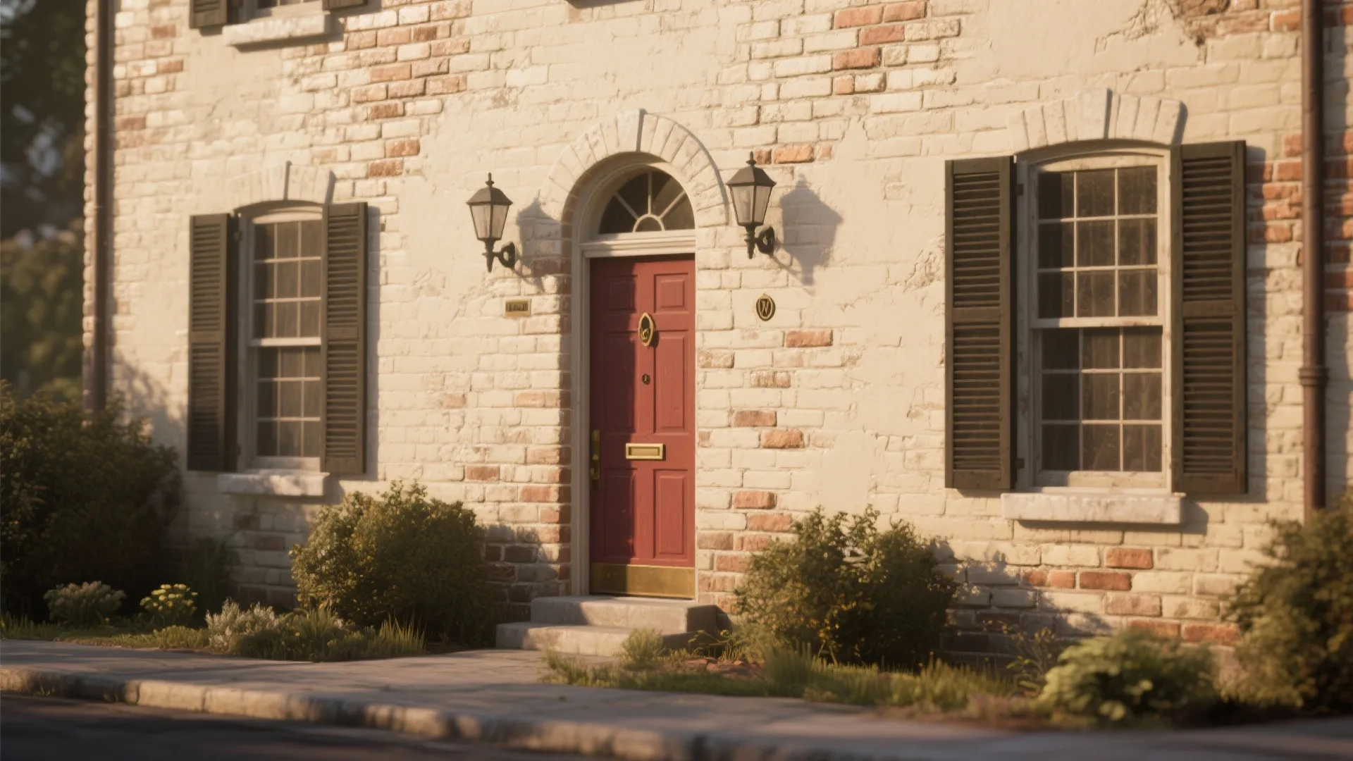 Light beige brick wall featuring red front door and black shutters under warm outdoor sunlight