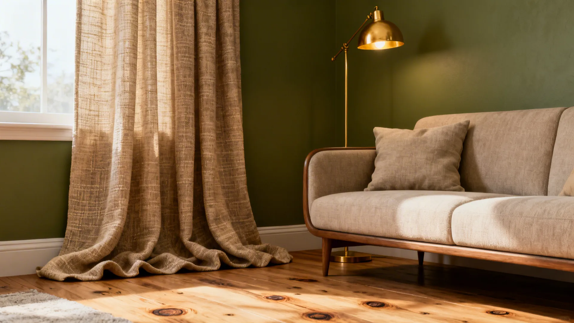 Beige curtains hanging beside green wall with tan sofa gold floor lamp and wooden flooring