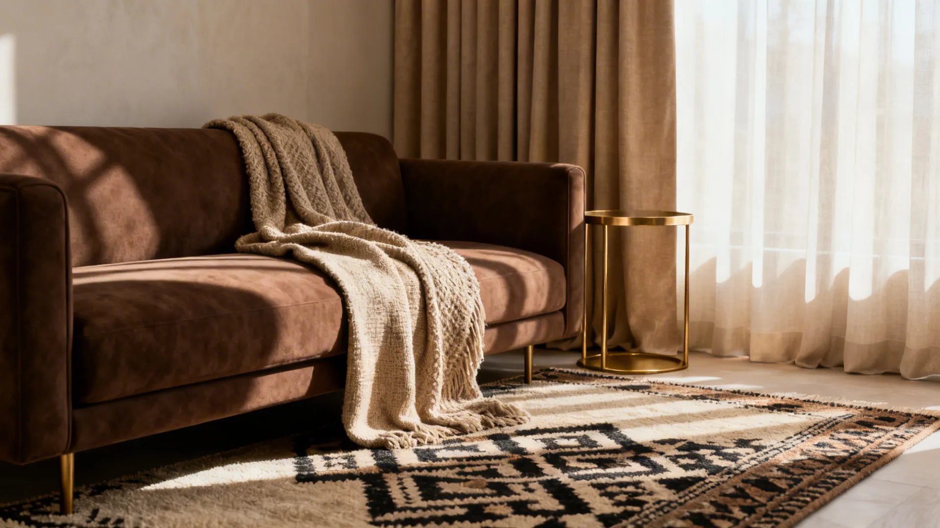 Living room with a brown sofa and floor-to-ceiling beige taupe curtains, accented by a patterned rug and brass side table.