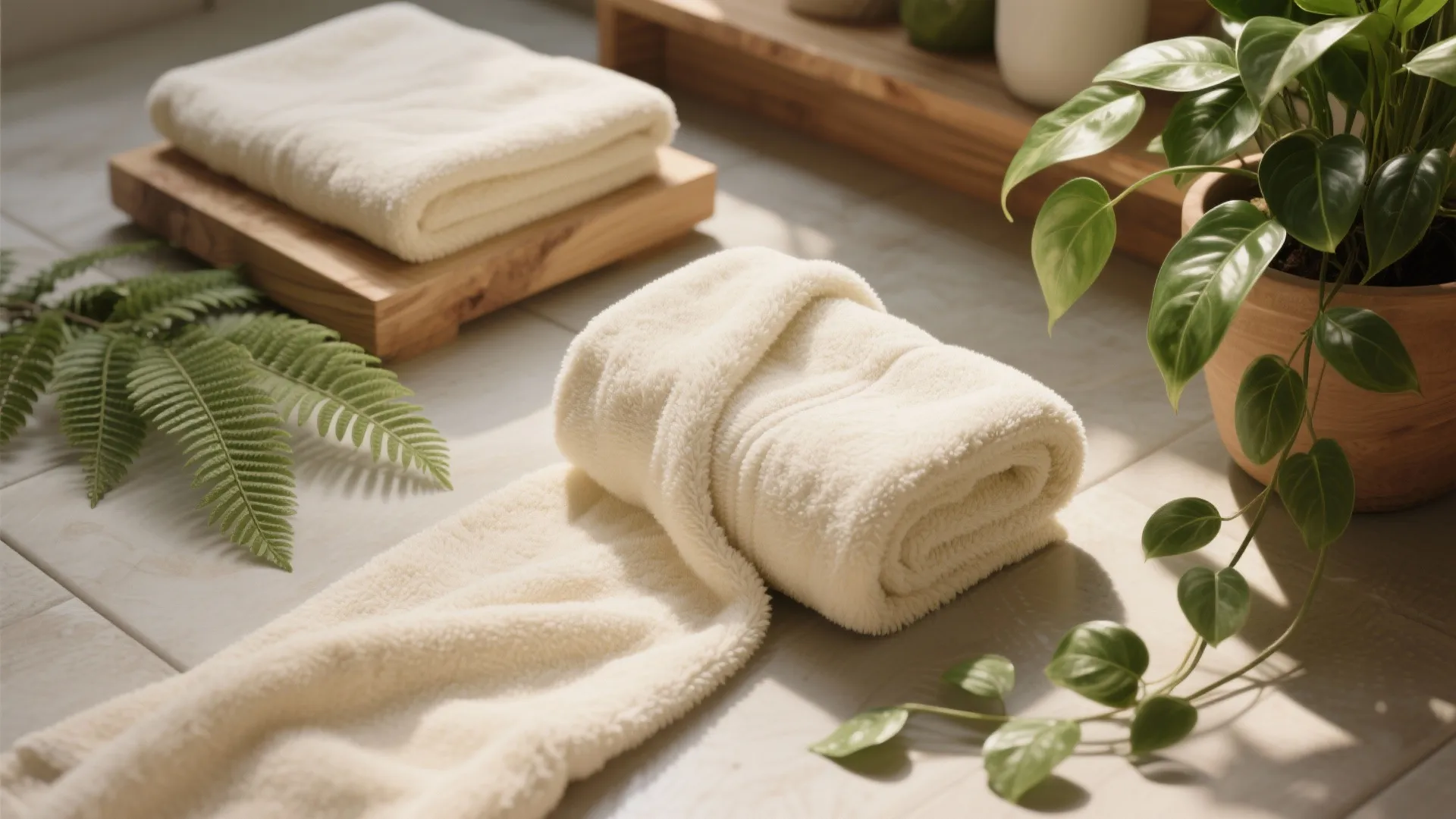 Soft beige towels folded and rolled on a wooden block next to green indoor potted plants
