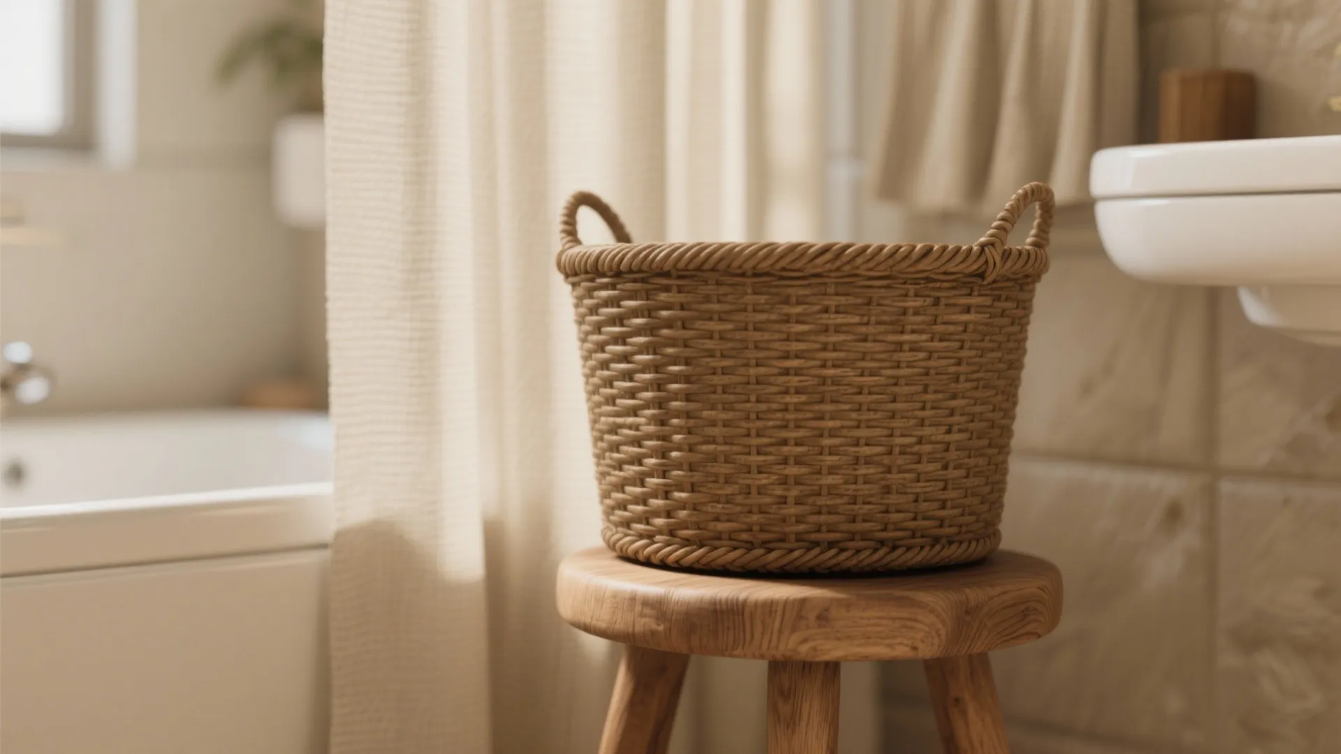 Close-up of rattan, wood, and linen textures in a beige bathroom