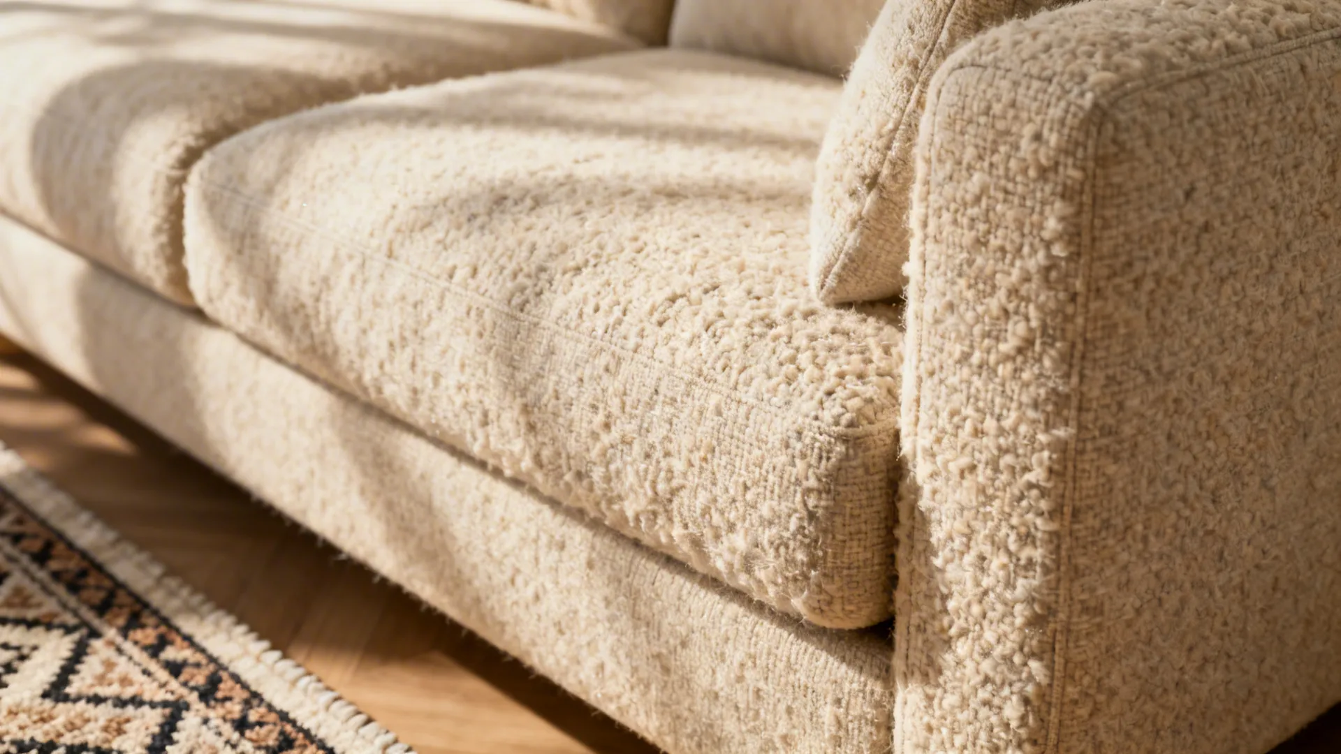 Close-up of warm beige boucle sofa and patterned rug showing textile texture and depth.