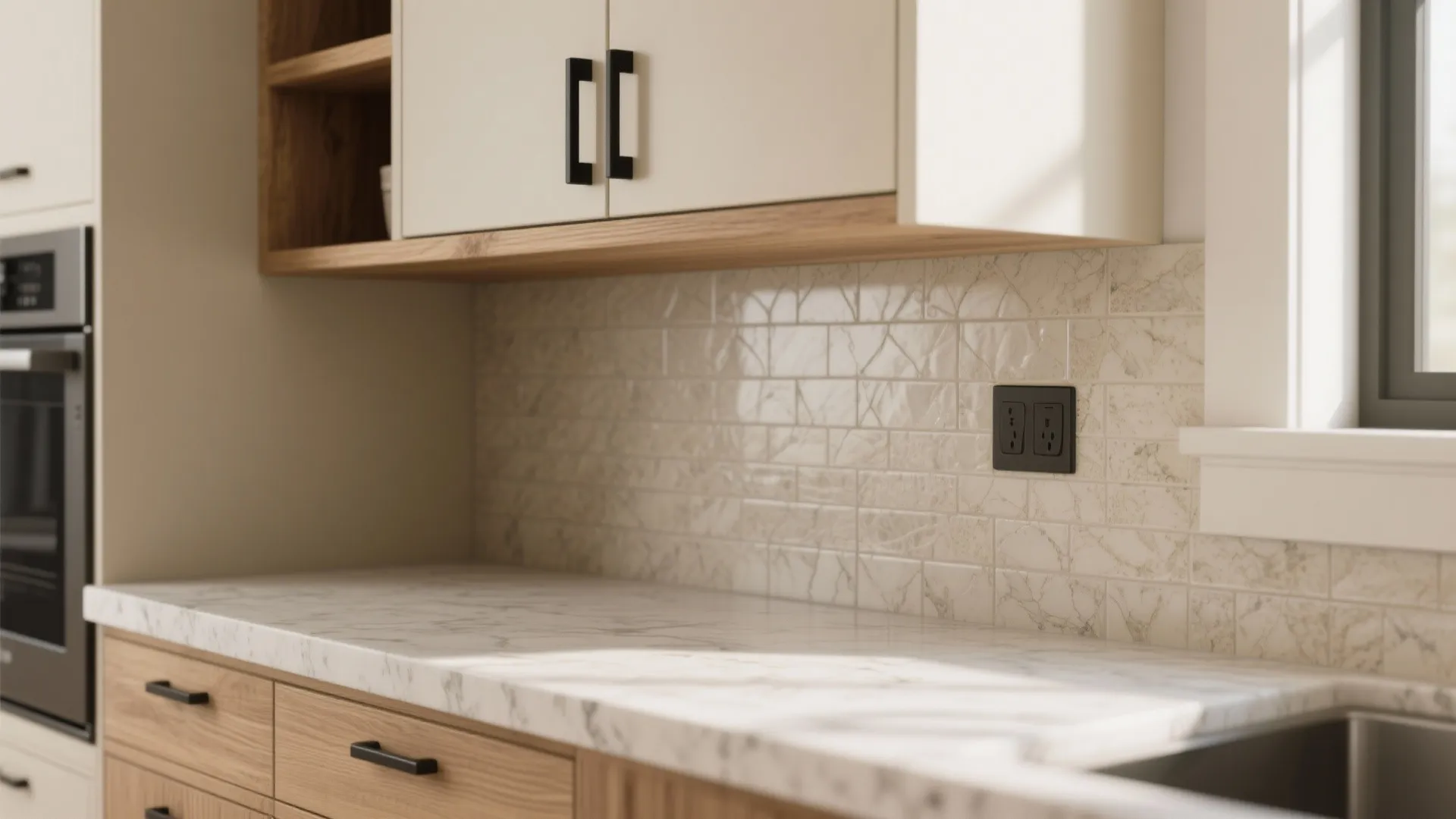 Modern kitchen with marble countertop white cabinets wood drawers and black power socket on wall