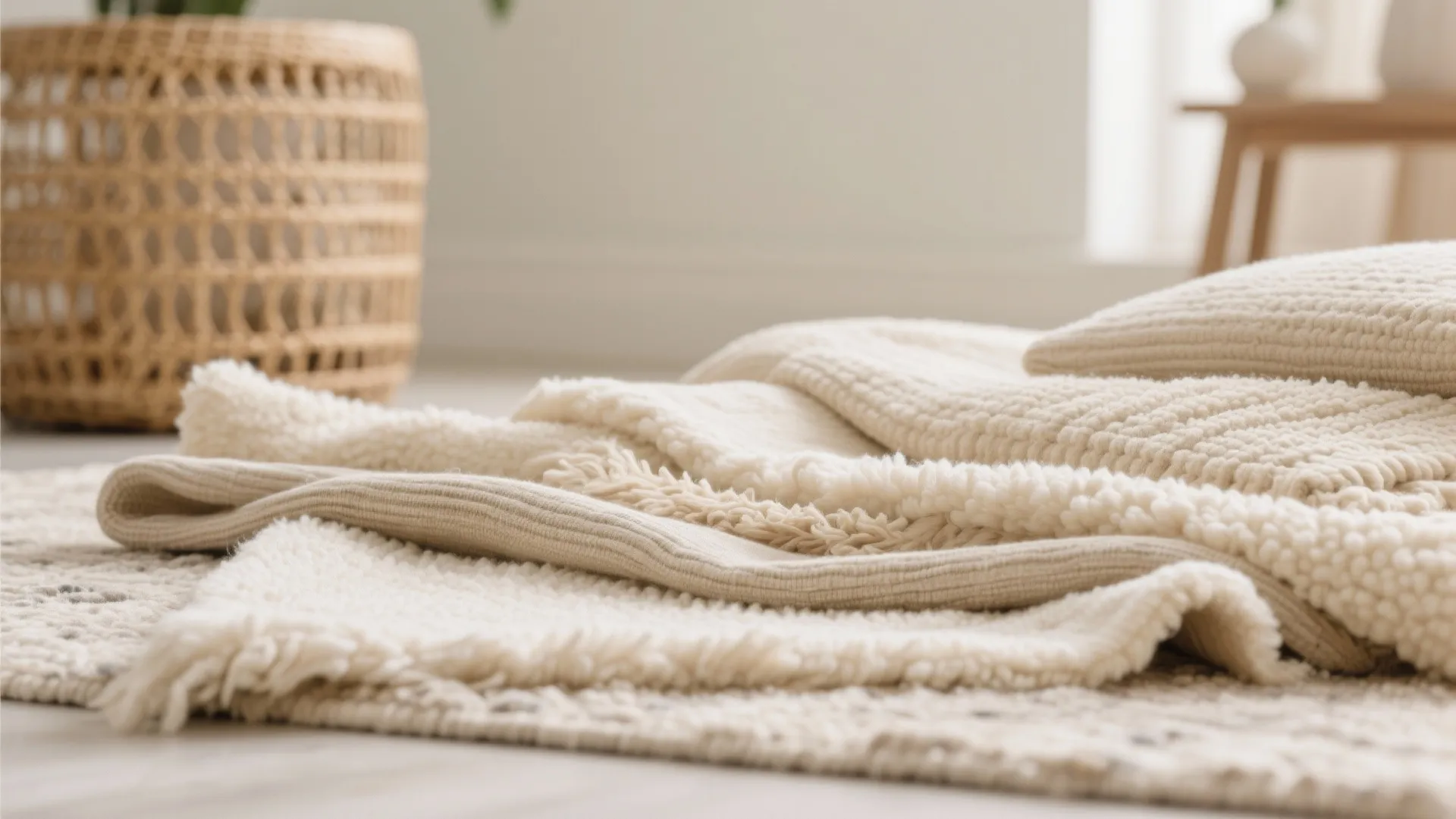 Close-up of layered beige and cream textures in a living room