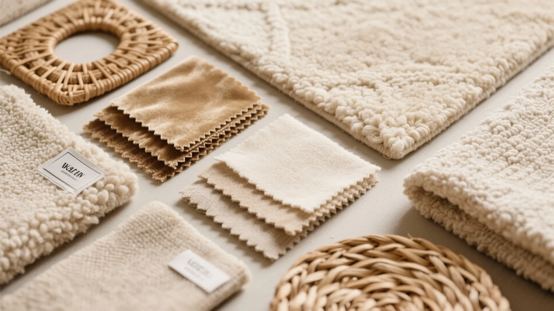 Collection of beige fabric samples and woven coasters for interior design material and texture selection