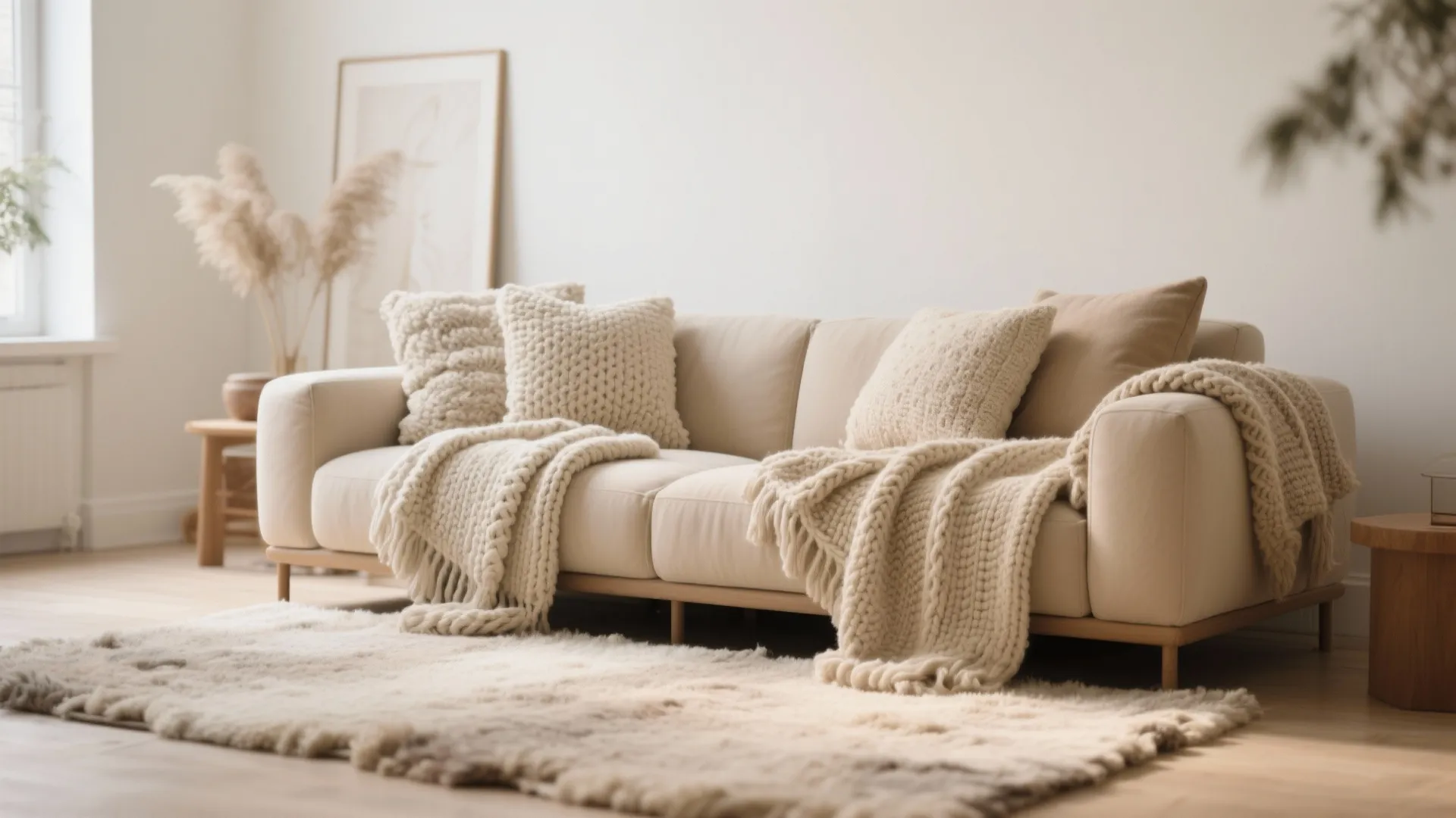 1. Minimalist Beige Sofa with Layered Textures