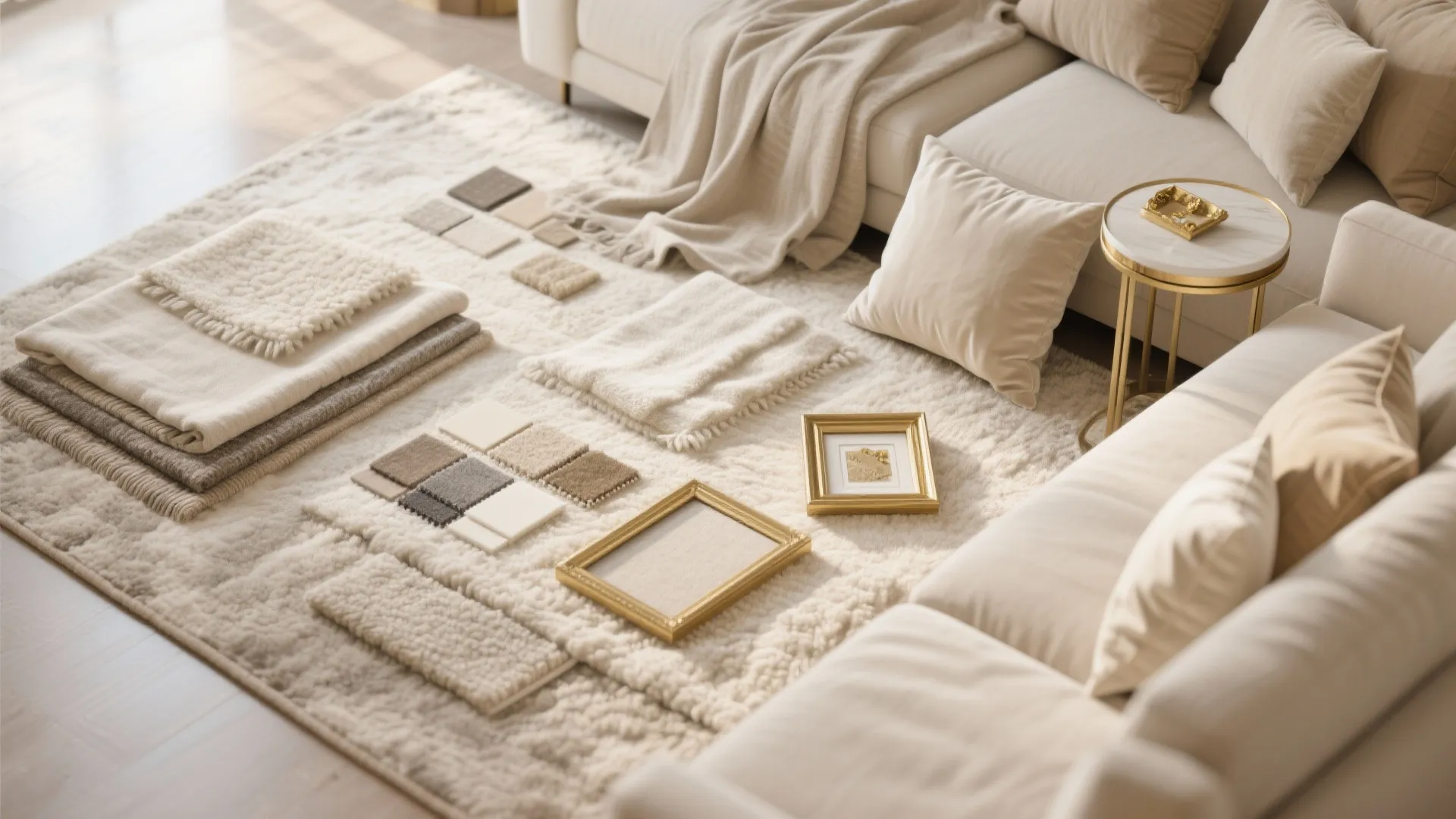 Soft beige fabric samples and gold frames placed on a textured rug near cream sofa