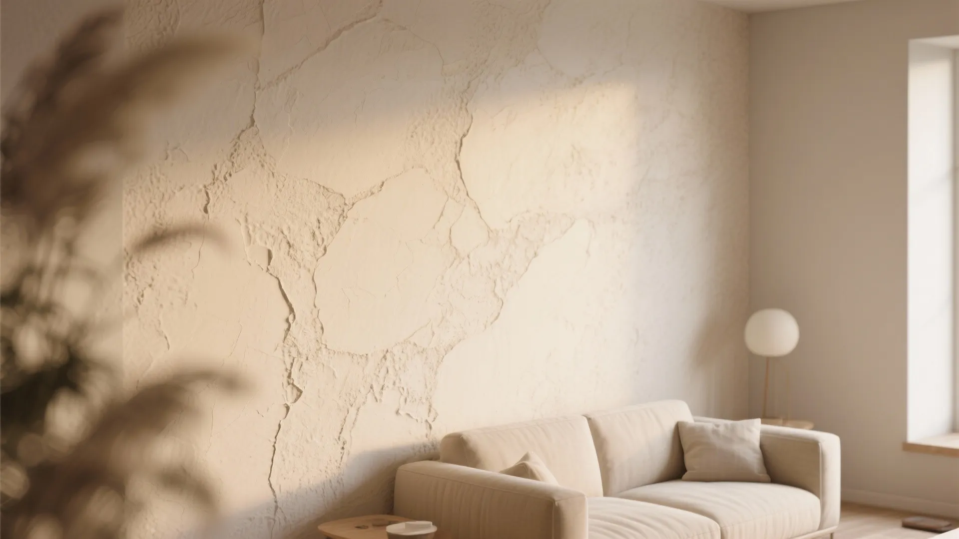 Minimalist living room with beige sofa and a large textured stone wall under soft natural light