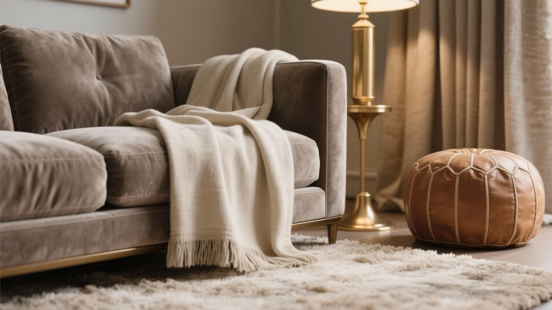 Close up of brown sofa with white blanket, leather footrest, gold light fixture, and rug