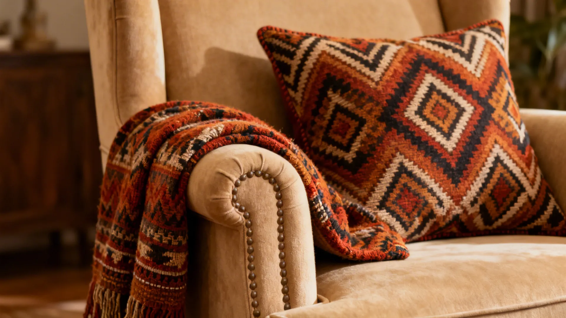 Warm beige accent chair with a contrasting patterned throw pillow highlighting textile detail