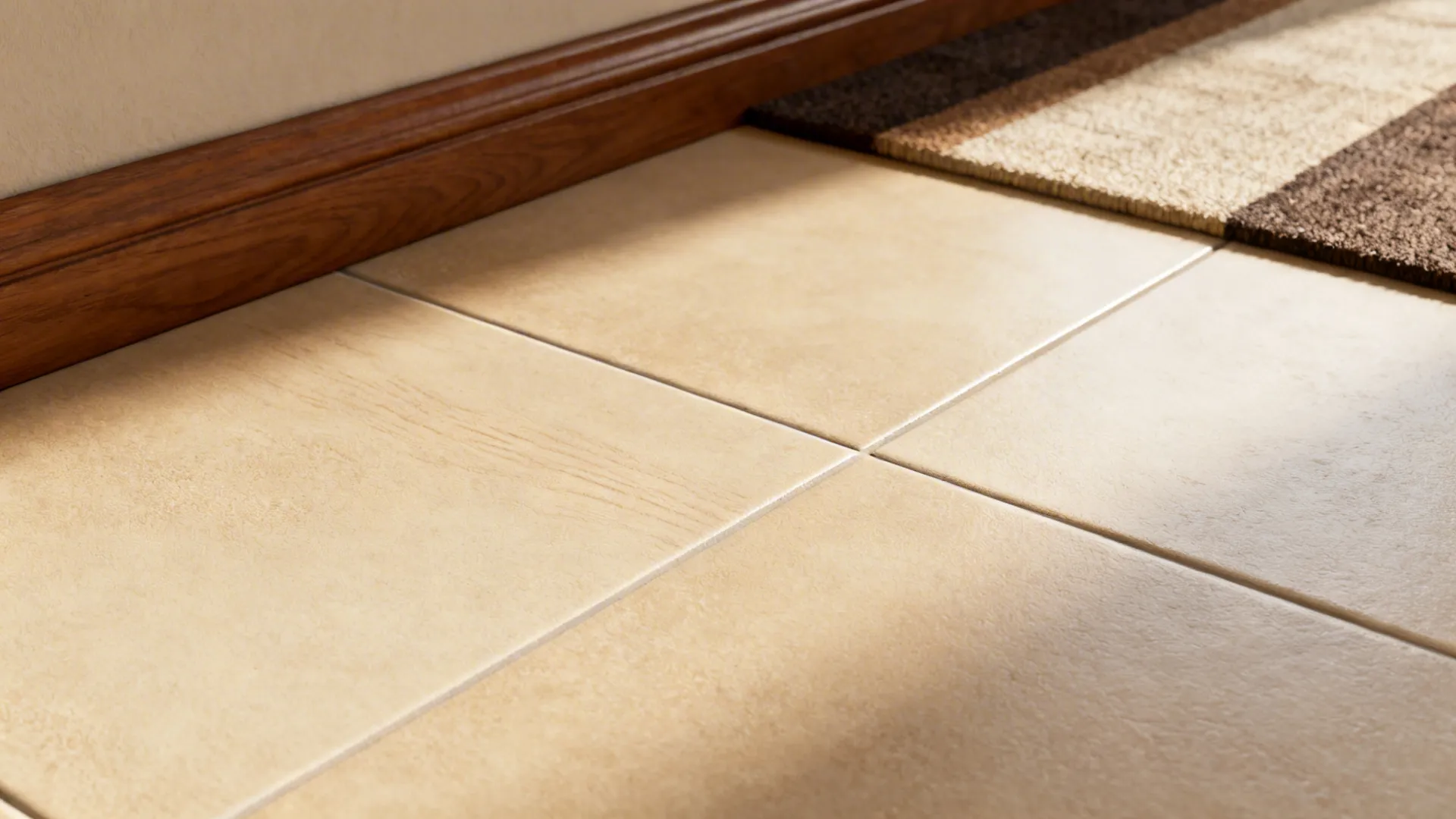 Macro view of warm beige tile with matte texture near a rug and wooden trim.