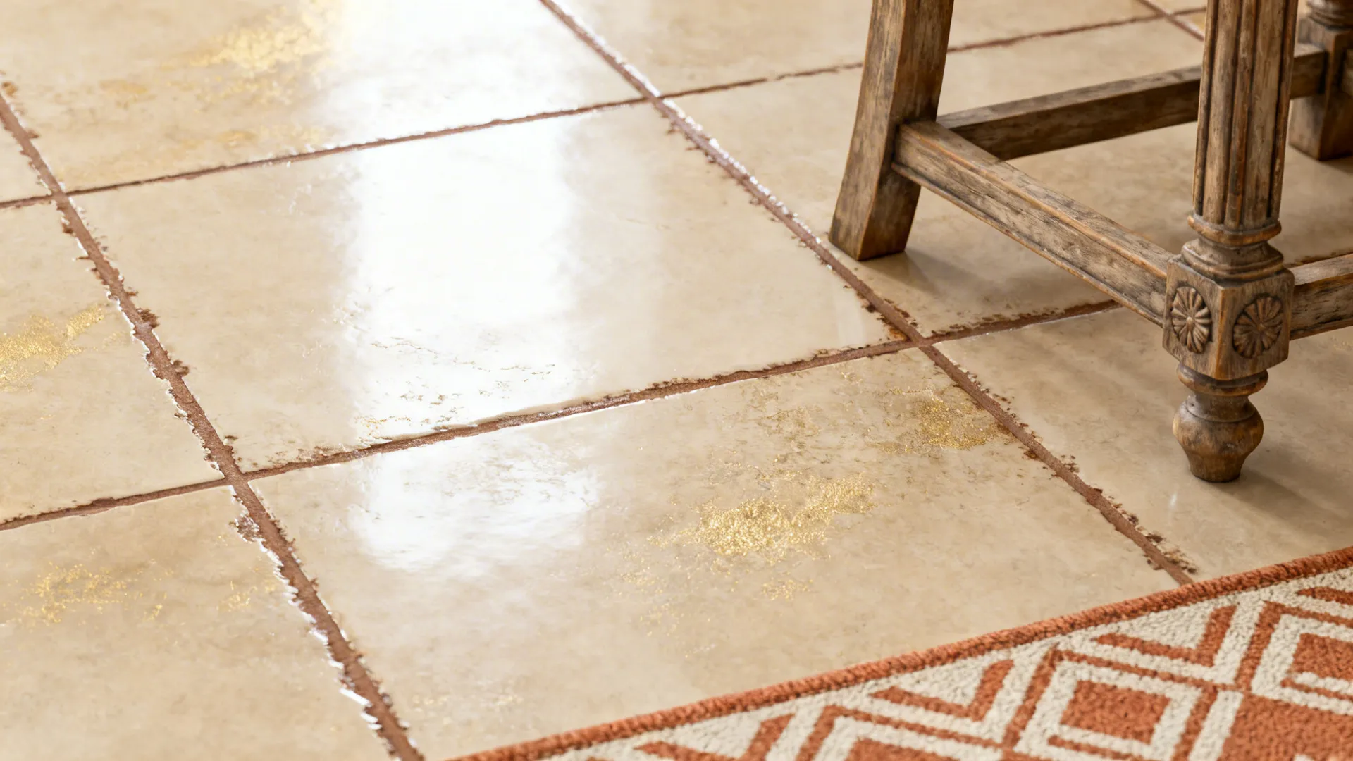 Macro view of warm beige floor tiles with textured grout and rug edge