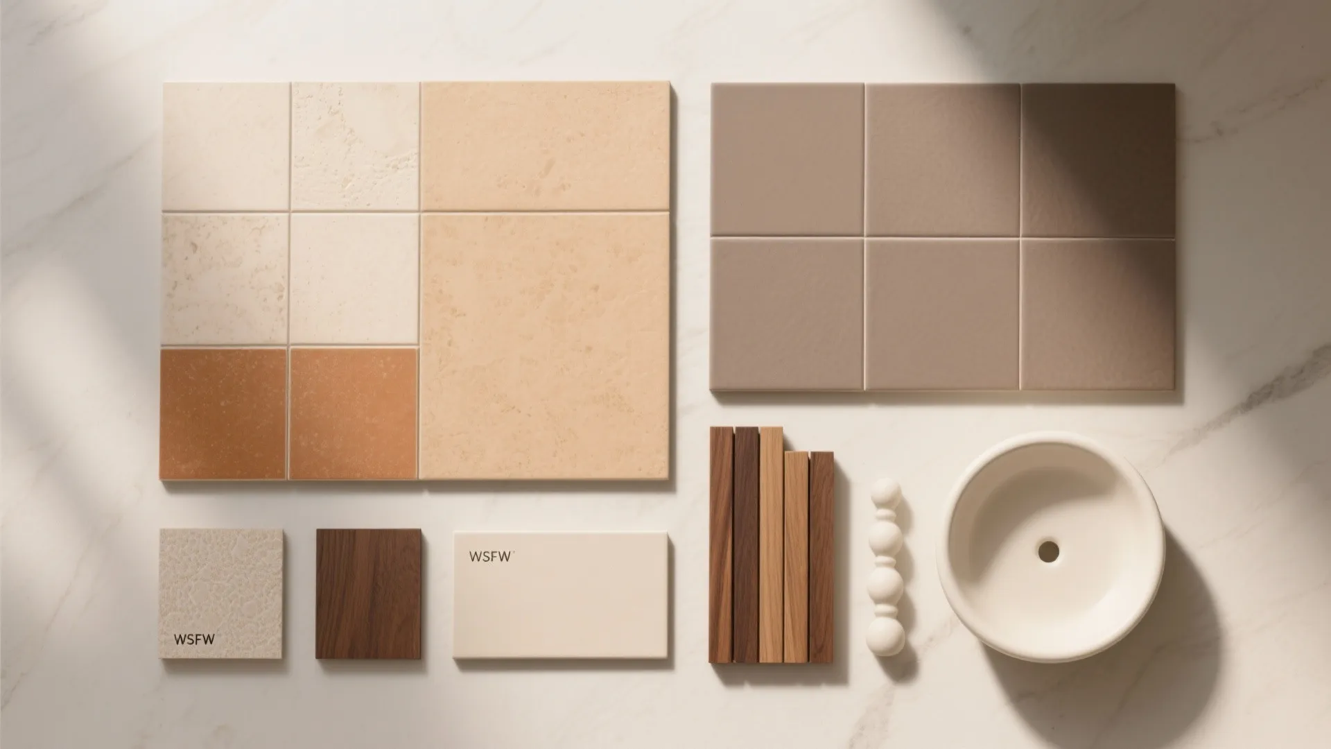 Flatlay of sand, caramel, taupe tiles and walnut trim