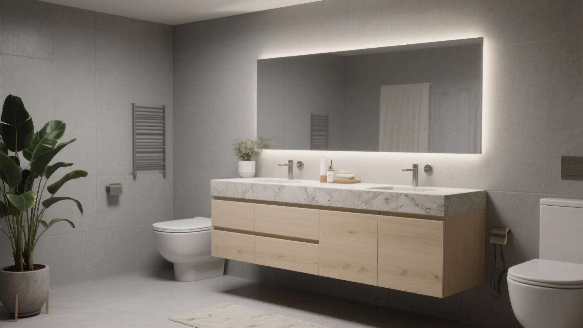 Matte grey bathroom with an accent beige vanity and neutral stone countertop, spa-like lighting