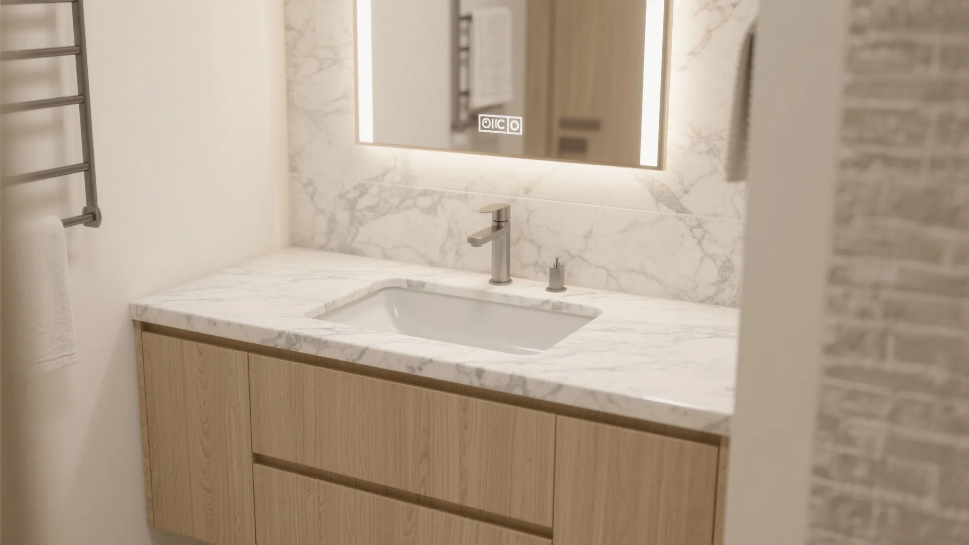 Beige Vanities & Grey Marble Countertops