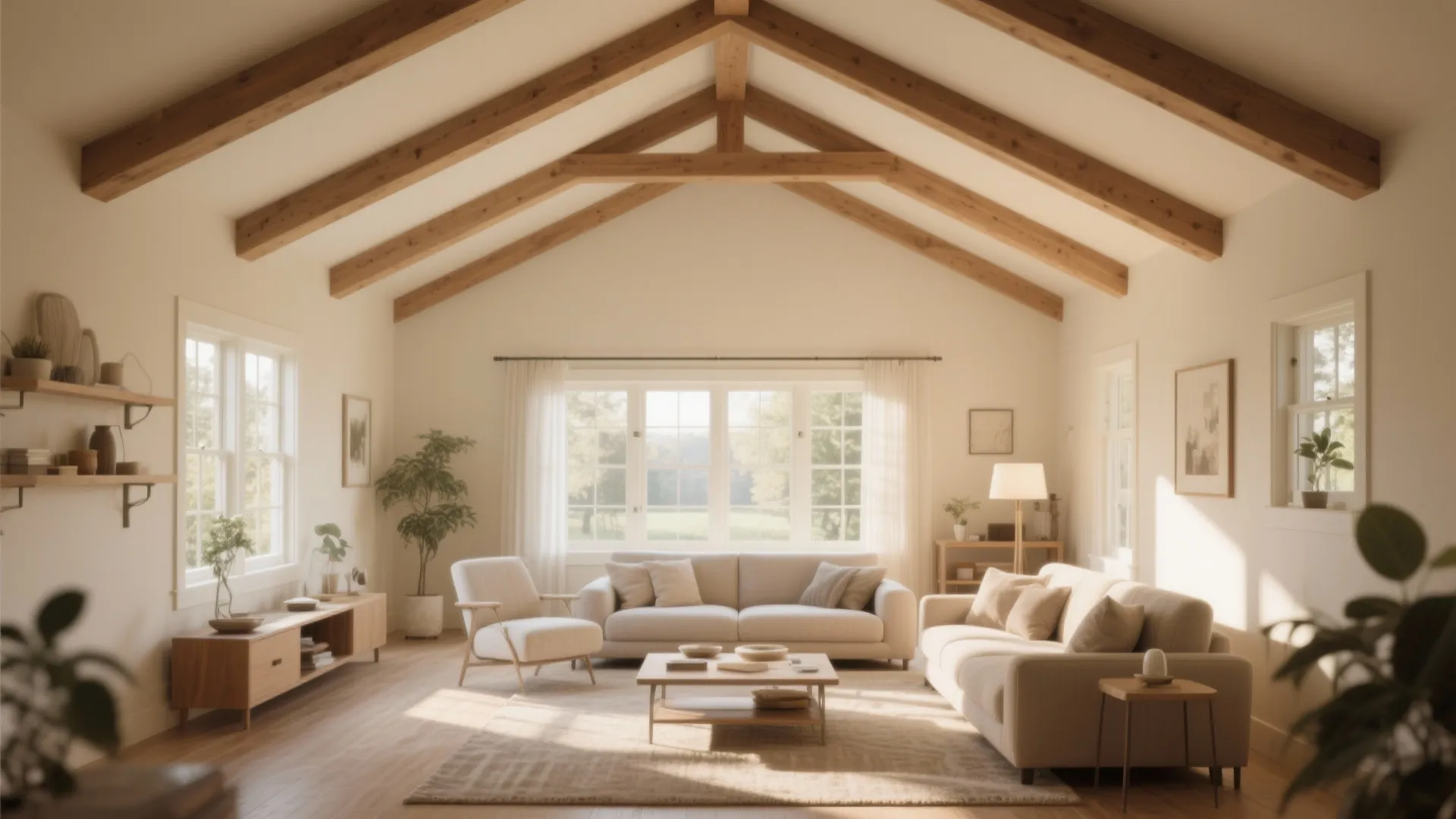 Warm beige vaulted ceiling with wood beams in a cozy living room