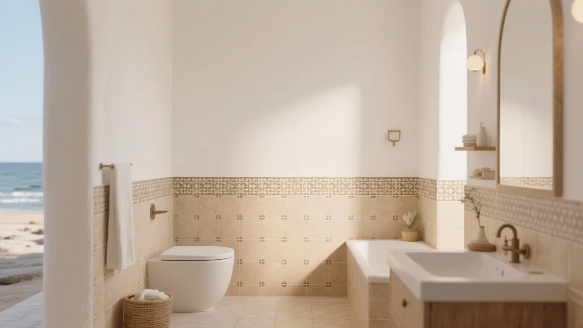 Beige bathroom with white wall toilet bathtub and wooden sink cabinet overlooking a beach view