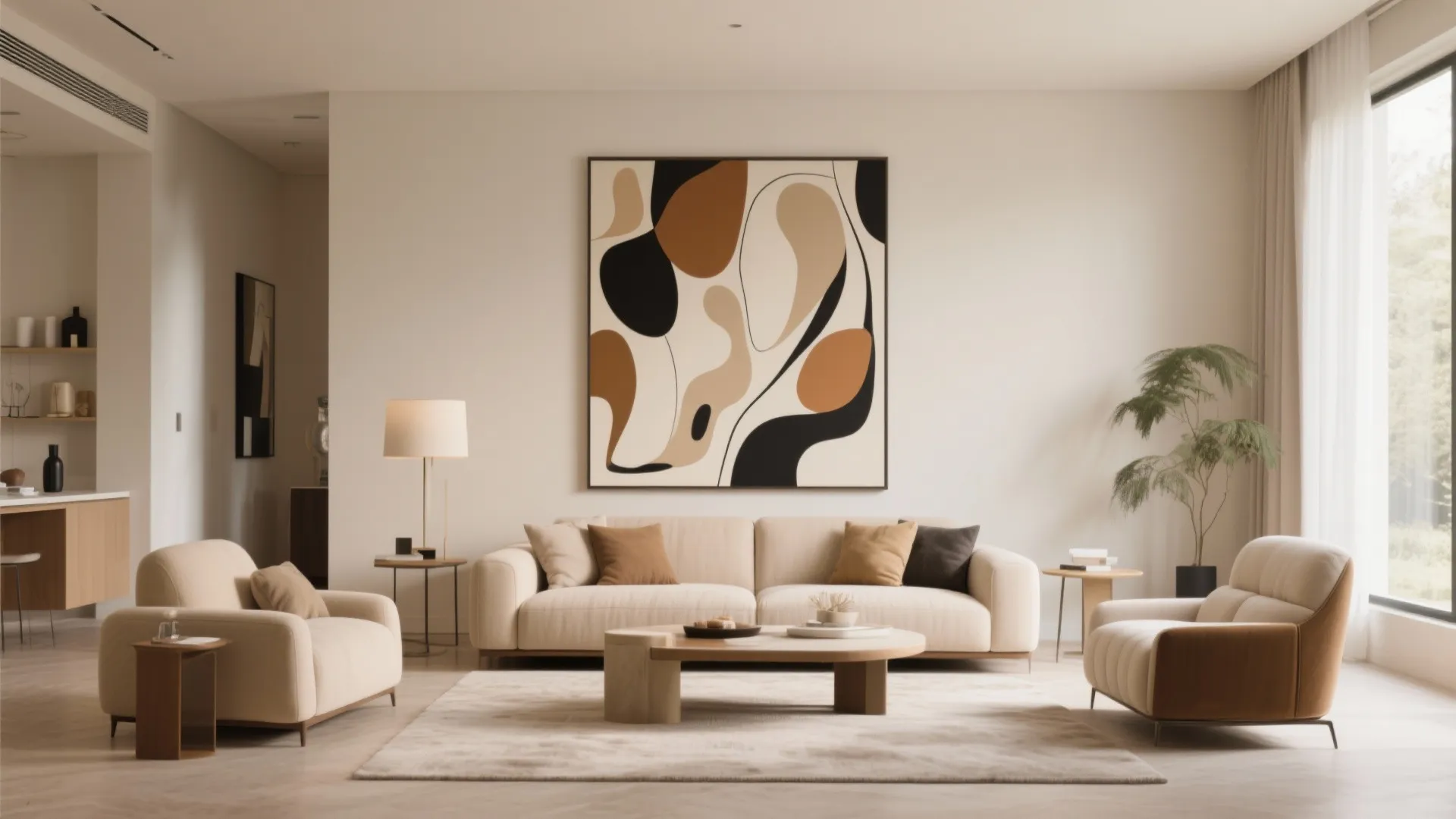 Modern cream living room featuring large abstract wall art beige sofa armchairs and wooden coffee table
