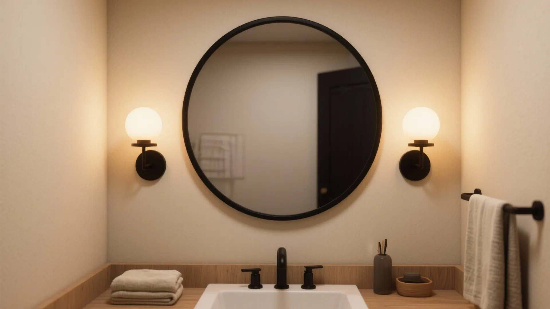 3. Beige Walls + Black Framed Mirror and Lighting