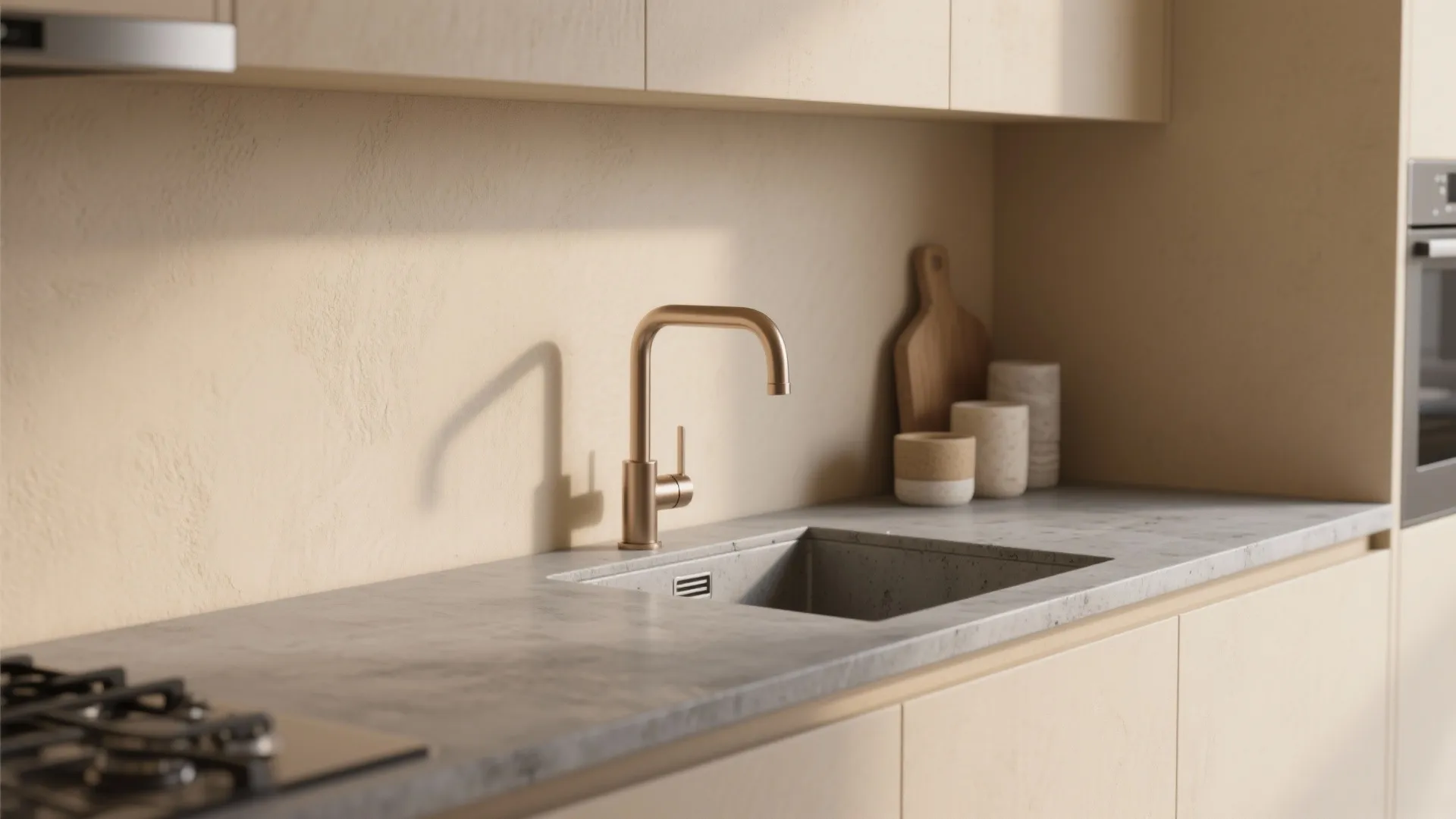 Modern kitchen close up with gold water tap gray stone counter beige walls and wood accessories