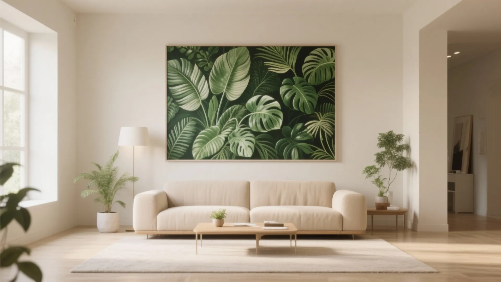 Minimalist living room with cream sofa large green leaf wall art wood table and plants