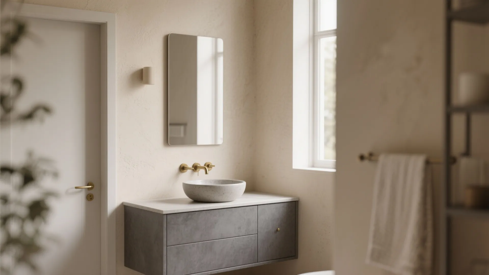 1. Warm beige walls + cool grey vanity