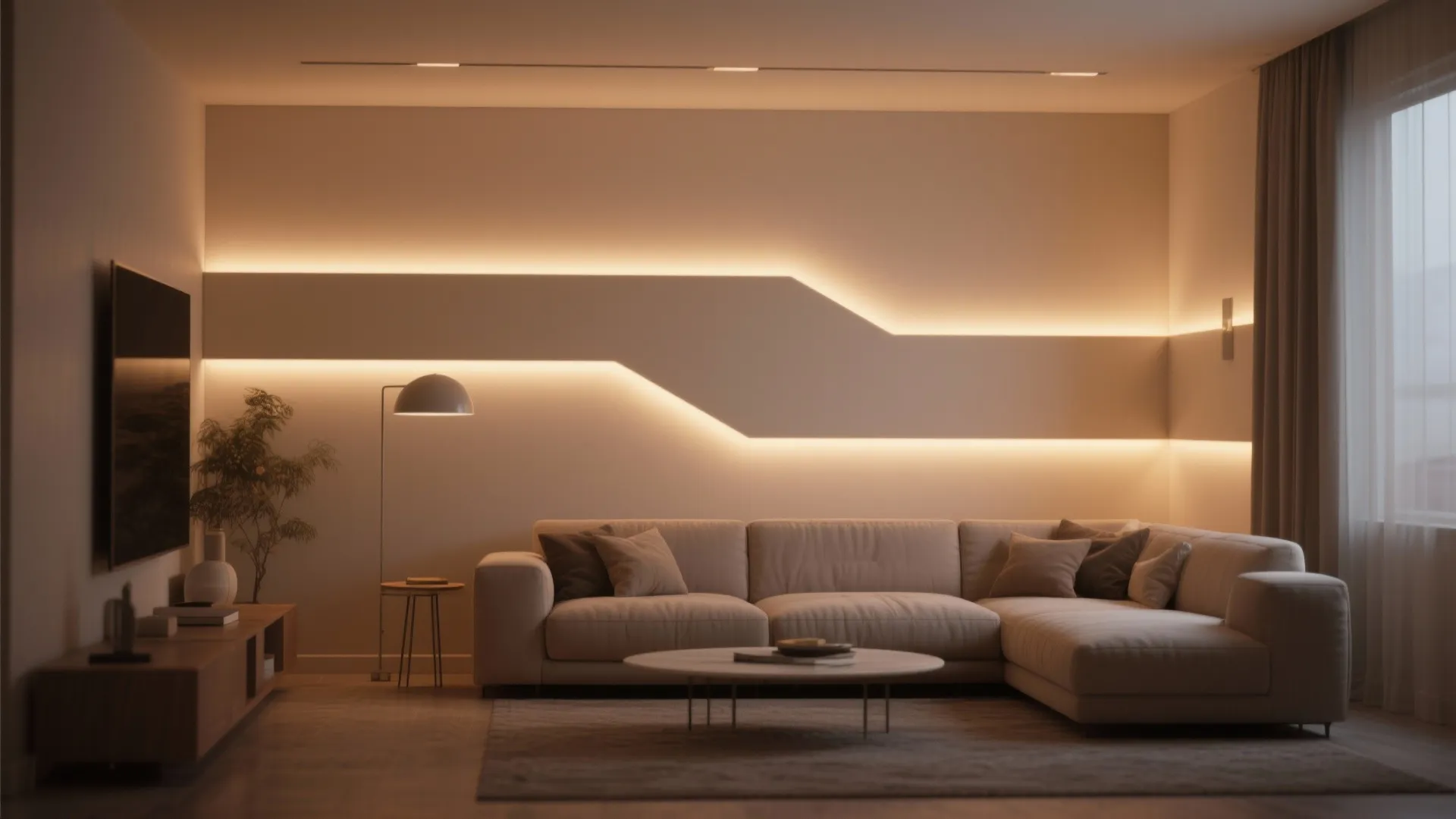 Modern living room with warm wall lights behind sofa and round coffee table under soft lighting