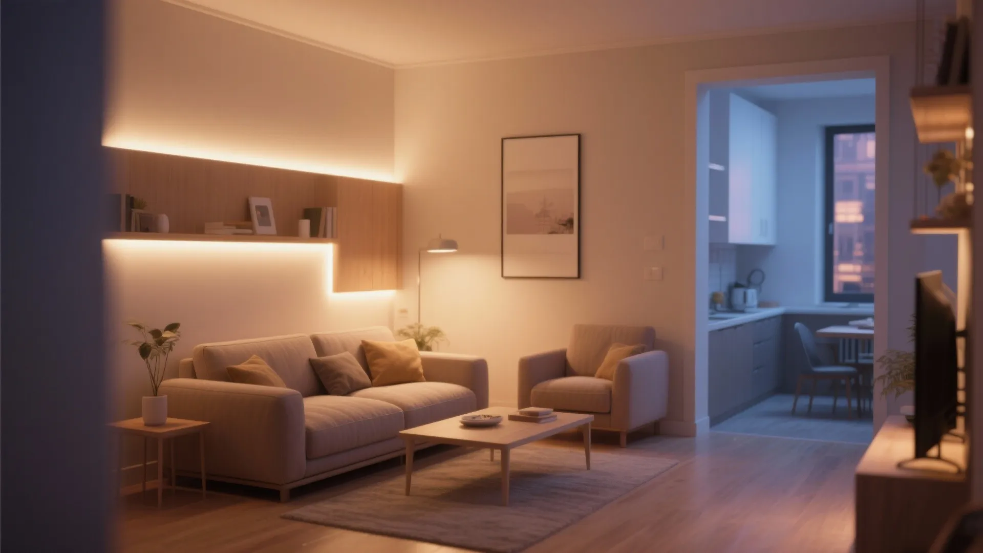 Cozy living room with beige sofa wood coffee table warm wall lights and kitchen view
