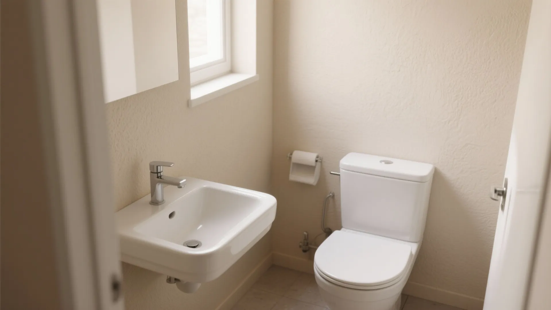 Small beige bathroom featuring white ceramic wall mounted sink and toilet with chrome faucet details
