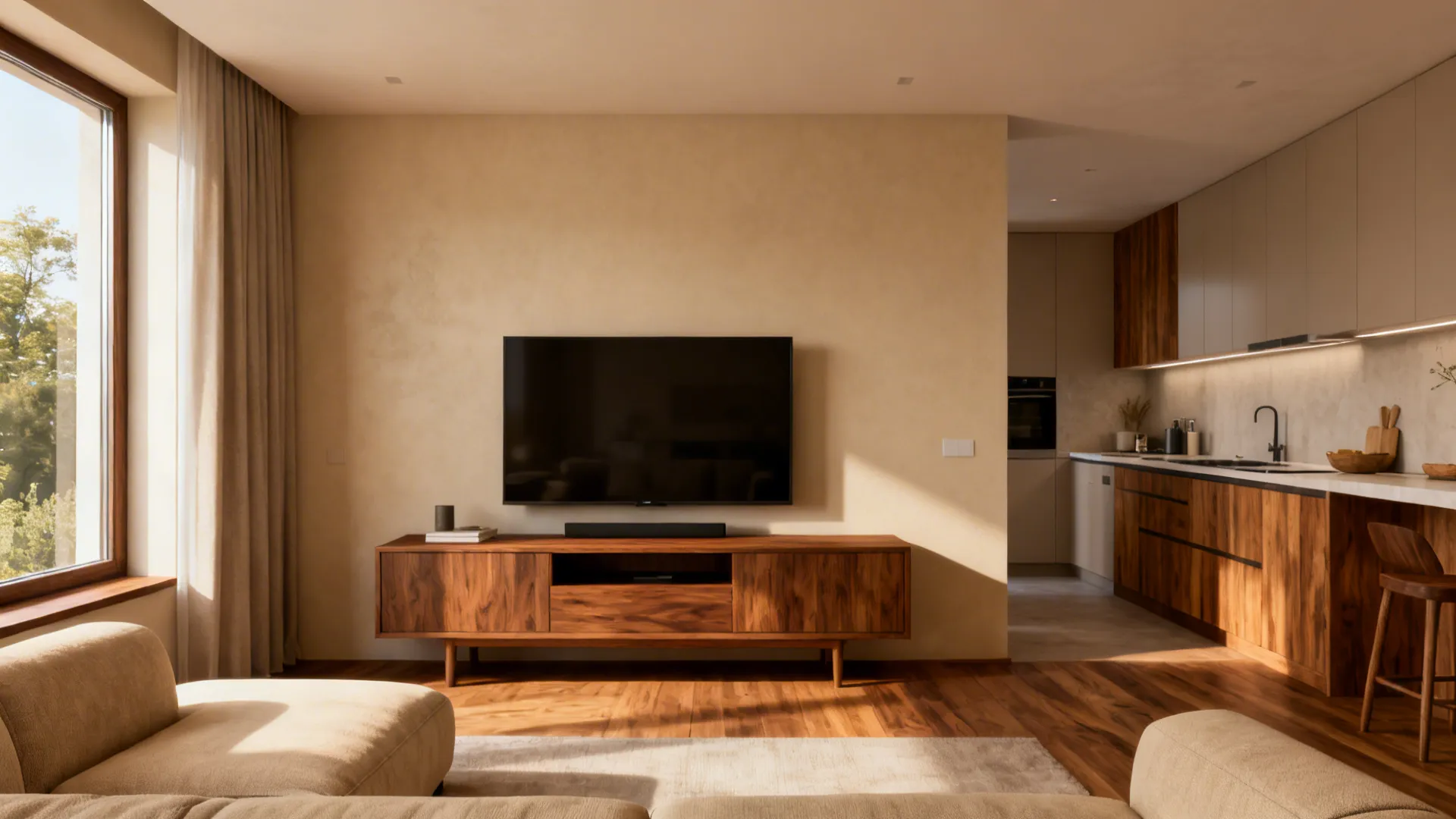 Compact living-kitchen with walnut console and oak accents anchoring a beige palette.