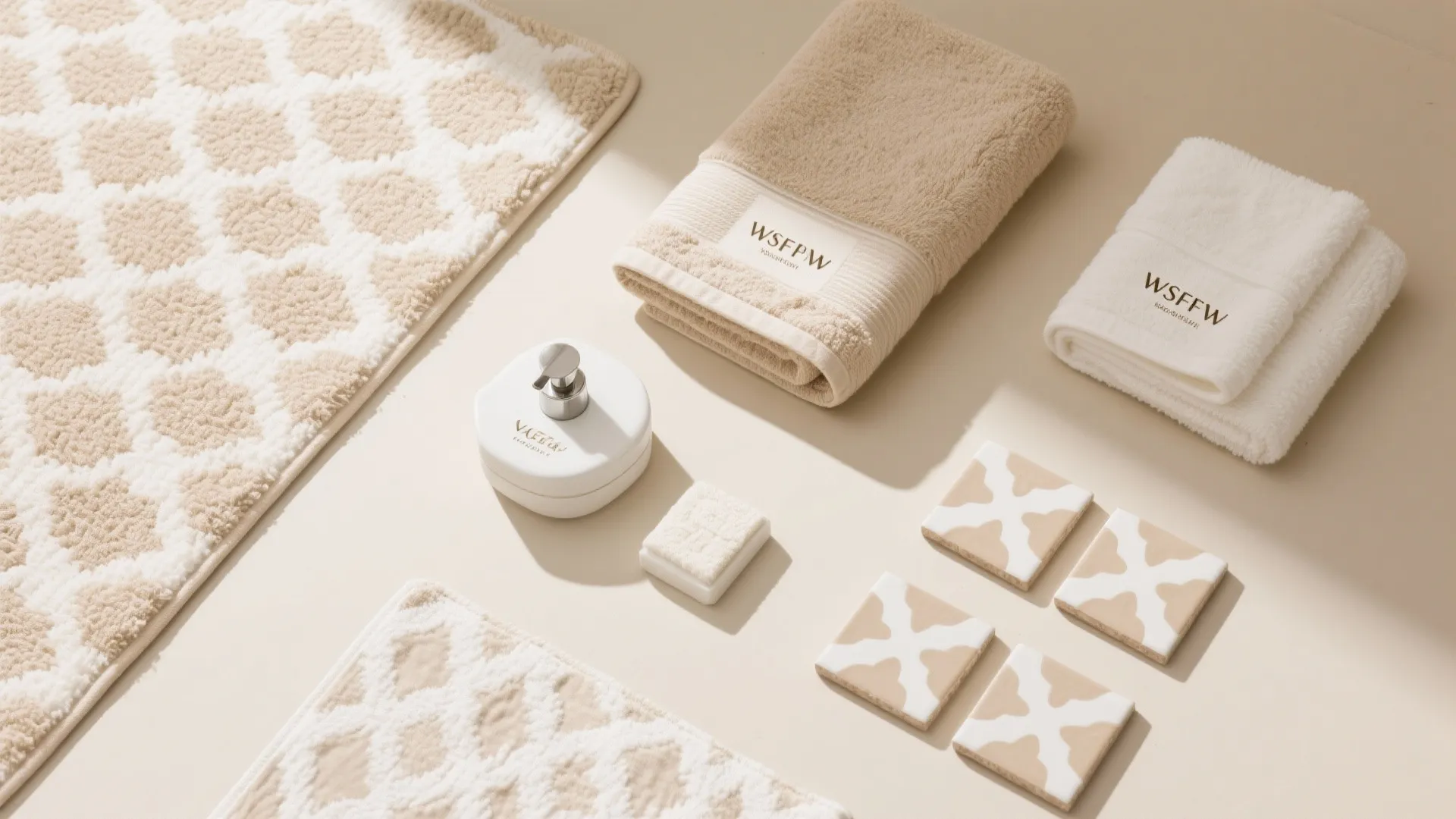 Beige and white bathroom accessories including towels soap dispenser patterned bath mats and small tiles