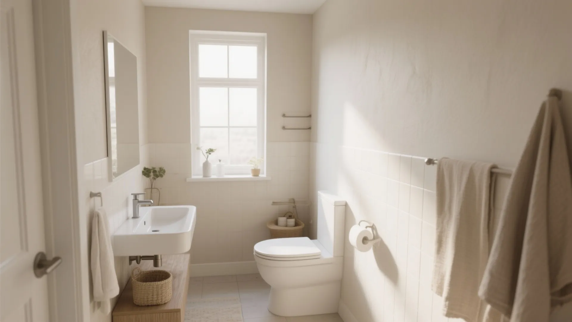 Minimalist beige bathroom featuring a white toilet sink window towels and simple wood storage shelf