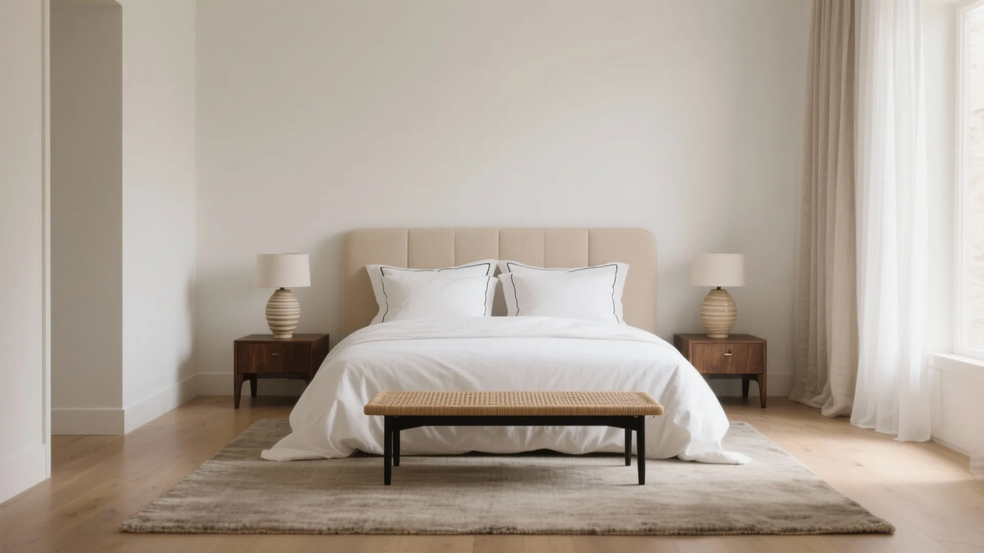 Modern bedroom with beige headboard white bedding wood nightstands table lamps and a woven bench