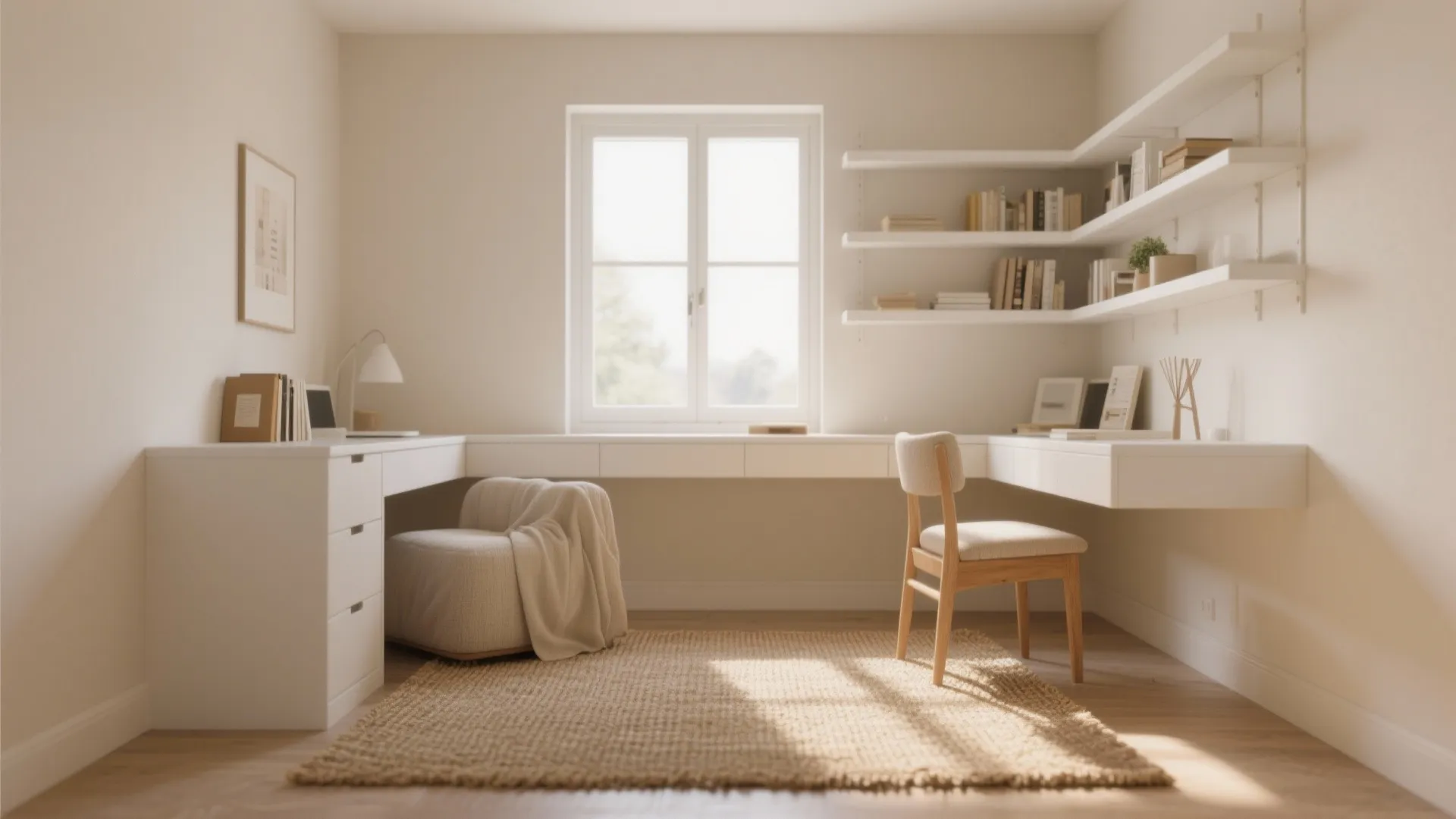 Minimalist cream white study room with long corner desk, wall shelves, chair, and woven rug