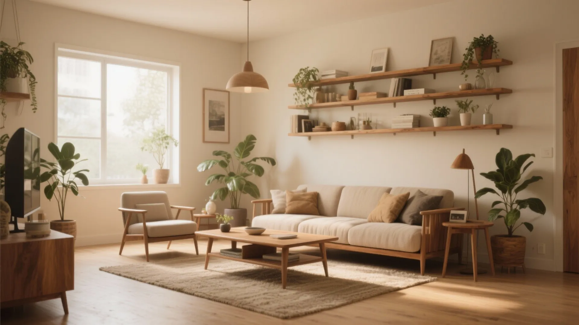 3. Warm Beige with Wooden Accents