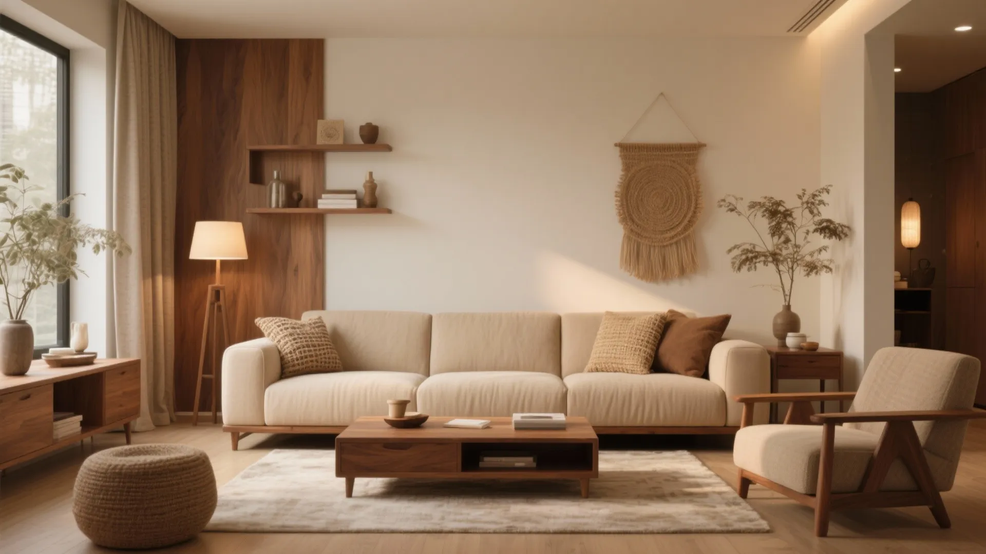 5. Warm Beige with Wood Accents