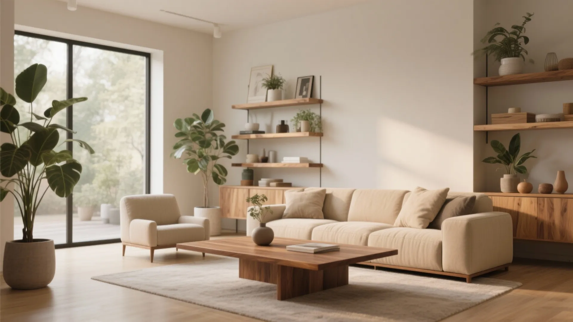 Spacious living room with wooden shelves beige sofa low coffee table green plants and natural light