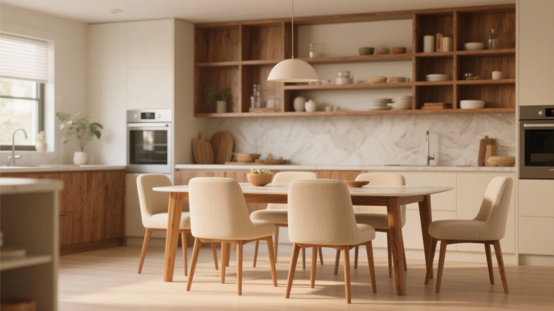 2. Beige with Warm Wood Accents