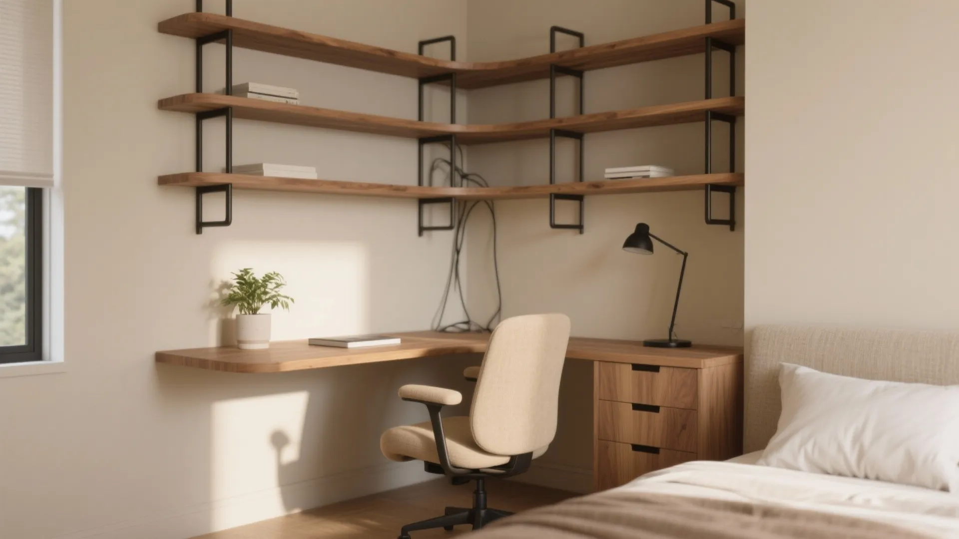 Home office corner with wooden desk beige chair wall shelves black lamp and a plant