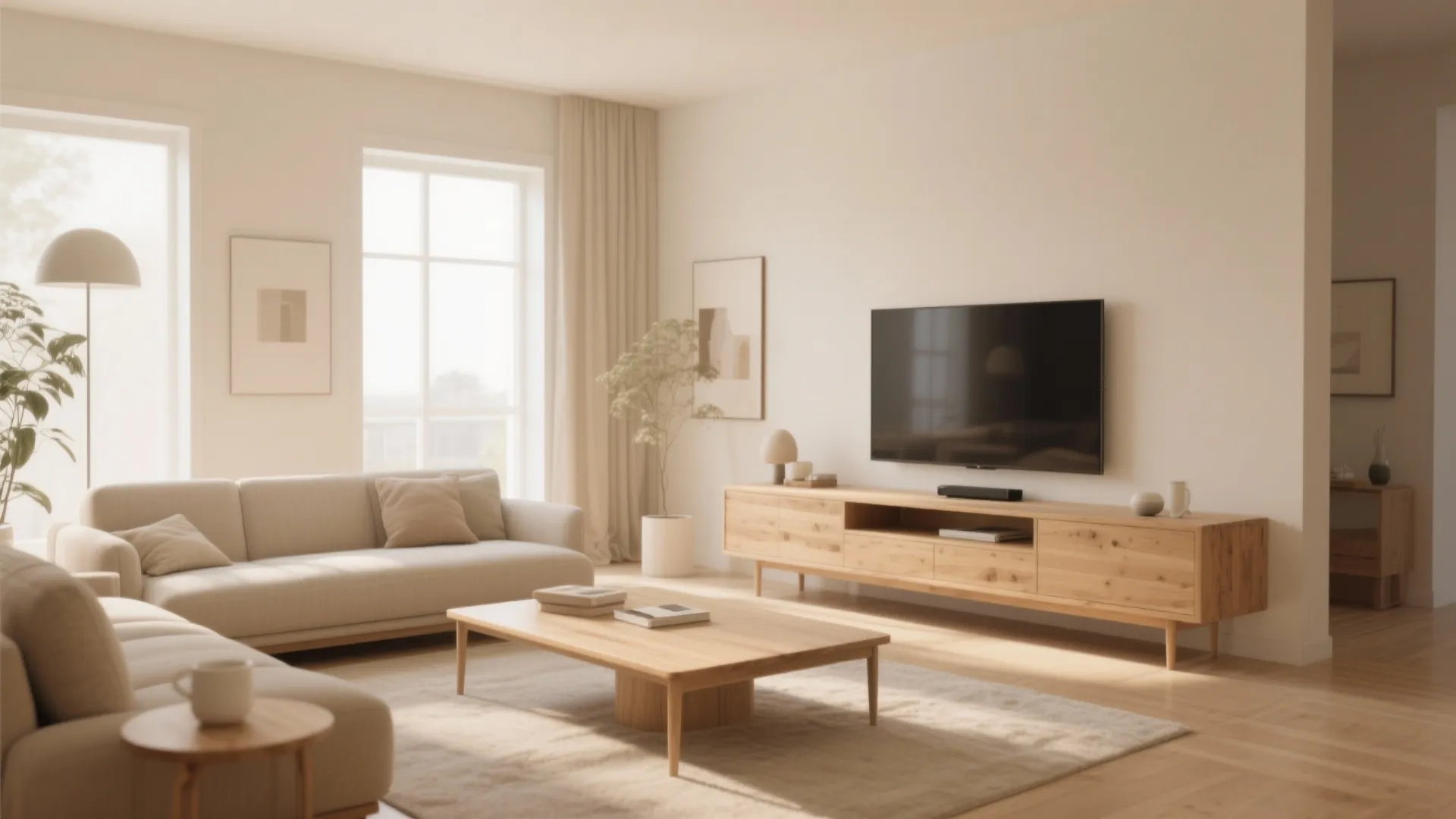Bright living room with wooden cabinet under television plus beige sofa near large windows and rug