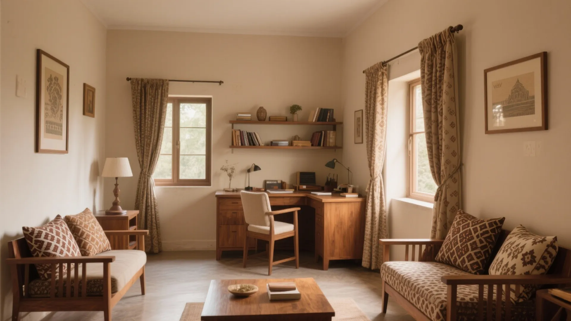 Cozy home study room with wooden furniture patterned sofas wall shelves curtains and warm indoor light