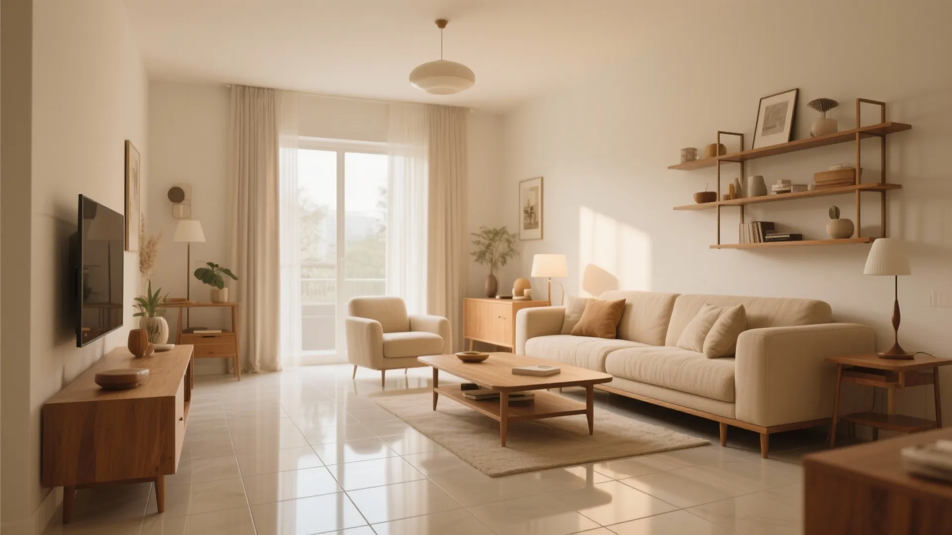 4. Warm Beige Gloss with Wood Accents